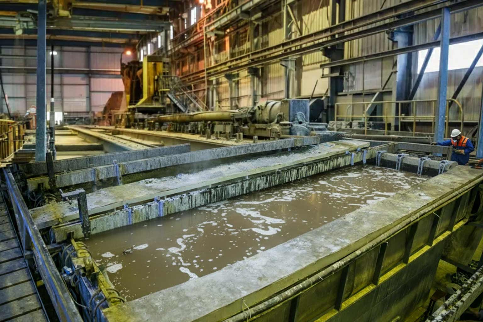 Industrial galvanizing facility with large processing tanks filled with solution, illustrating steel pretreatment steps in manufacturing.