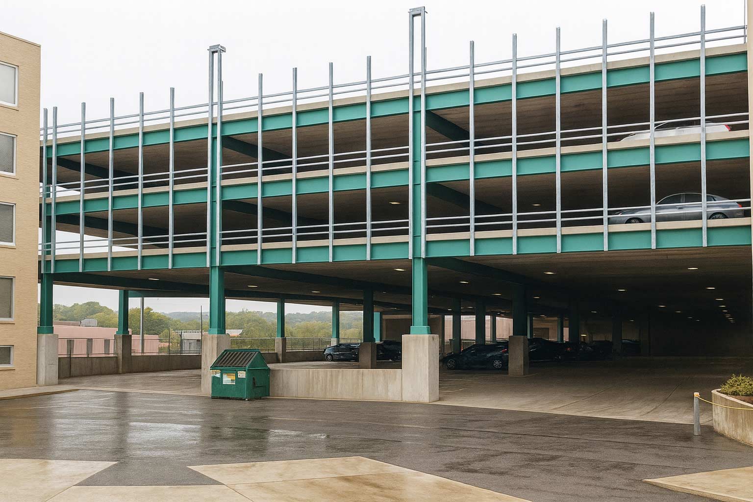 Multi-level parking garage with green-painted beams and silver galvanized guardrails and posts on a rainy day, illustrating color-modified galvanized steel in service.