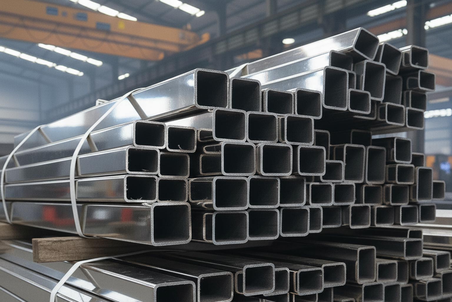 Stack of shiny square hollow structural steel sections bundled together inside a fabrication shop, highlighting corners and edges susceptible to cracking.