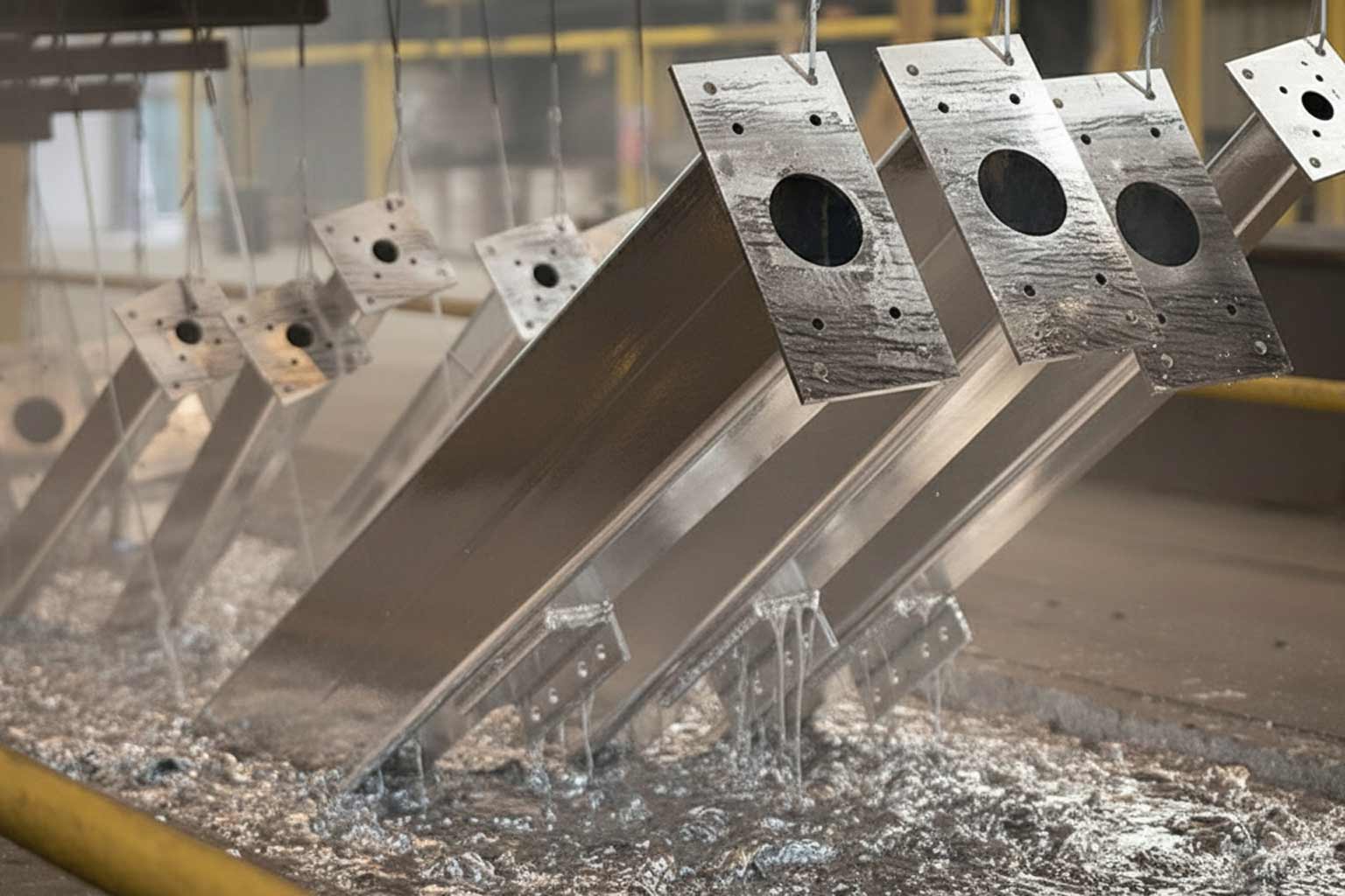 Galvanized steel beams suspended at an angle above a molten zinc bath, dripping excess zinc as they exit the kettle during field verification of passivation treatment.