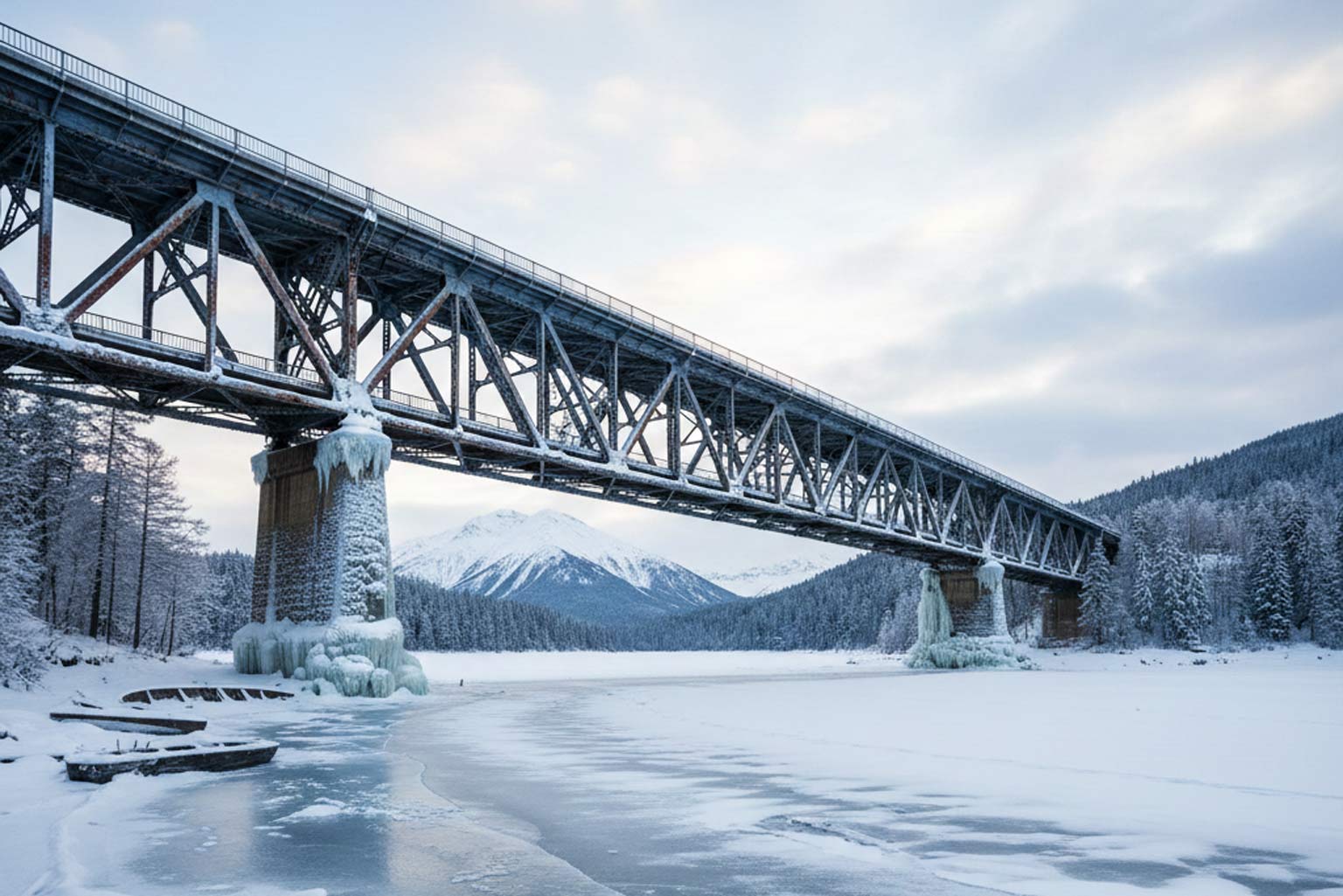Long steel truss bridge spanning a frozen river in a snowy mountain landscape, demonstrating galvanized steel performance in extreme cold weather.