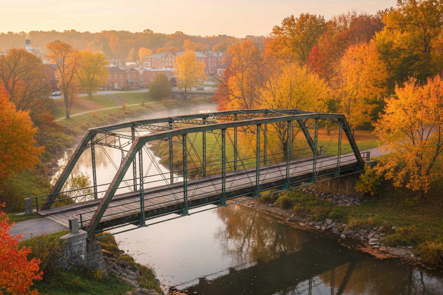 Historic green steel truss bridge crossing a calm river, surrounded by bright autumn foliage and a small town in the background, showing complex overlapping steel members.