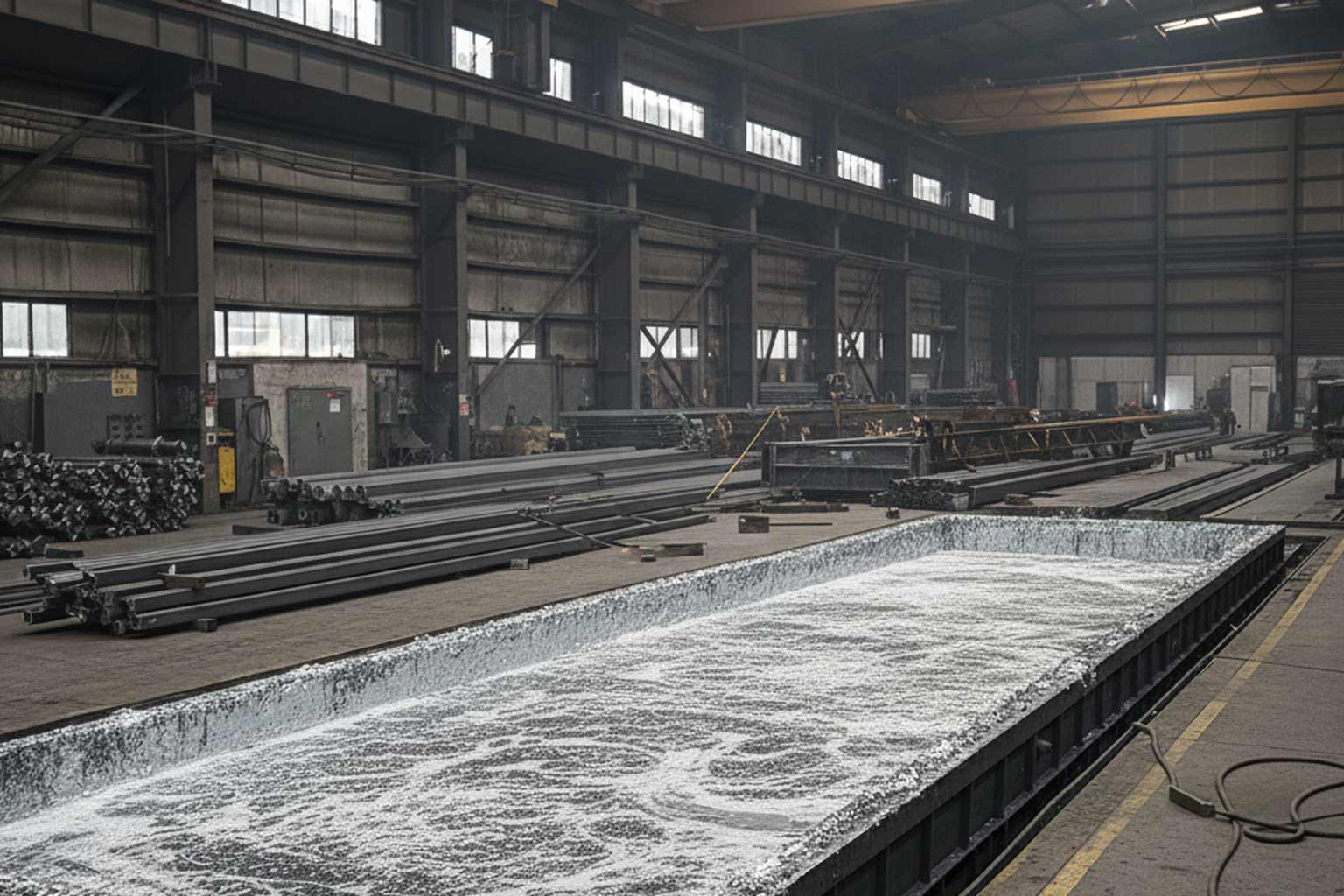 Interior of a galvanizing facility with a long molten zinc kettle in the foreground and stacked steel sections in the background, emphasizing space for venting and drainage of tubular assemblies.