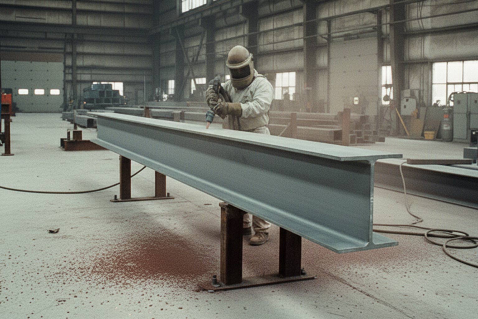 Worker in full protective gear blast-cleaning a long steel beam in a fabrication shop, preparing the galvanized surface for a duplex paint or powder coating system.
