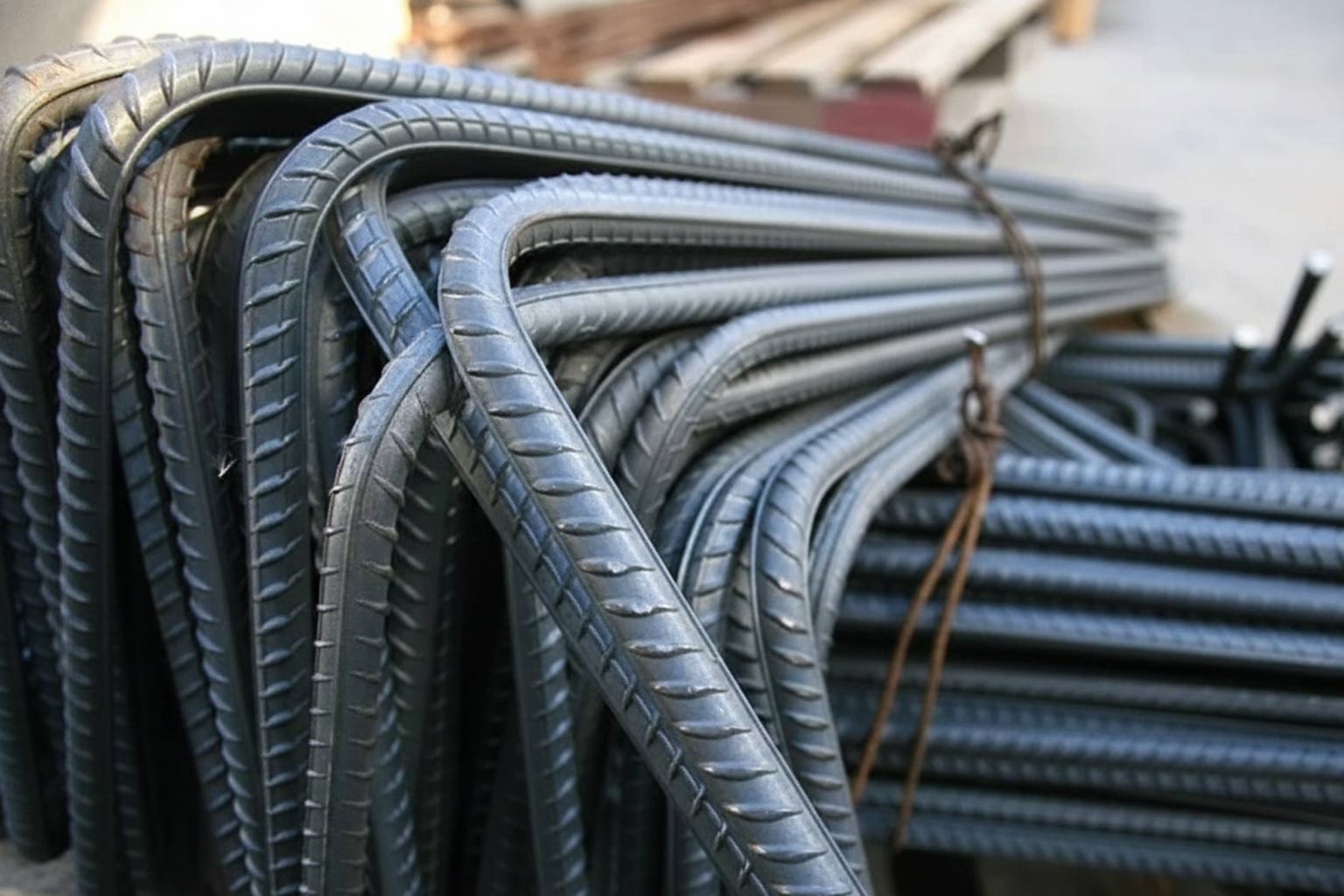 Close-up of bundles of pre-bent reinforcing bars with tight radii, representing embrittlement testing and performance evaluation of bent steel before hot-dip galvanizing.