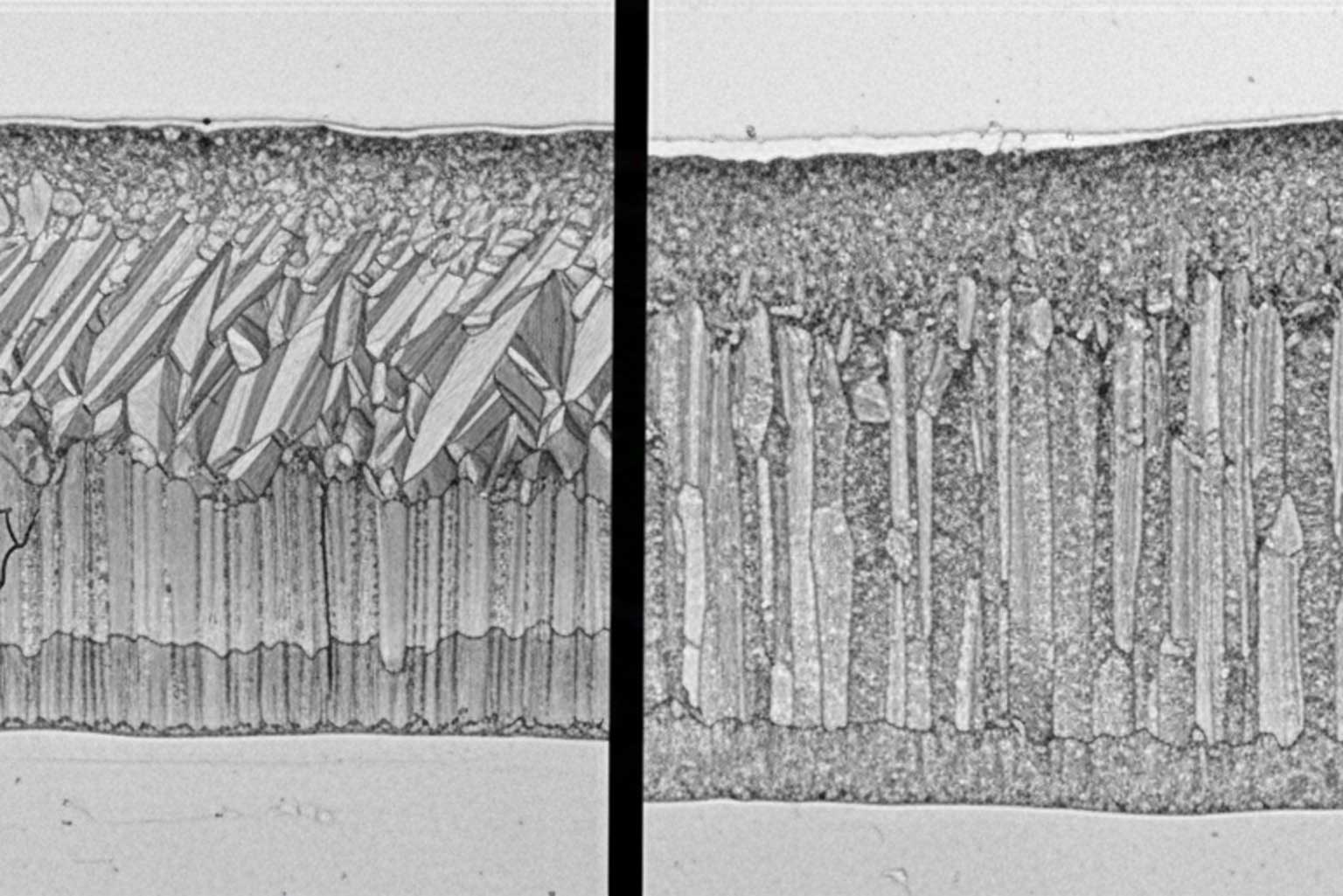 Side-by-side micrographs of galvanized coating cross sections, showing different zinc-iron crystal structures used to explain metallurgical control of coating thickness on reactive steel.