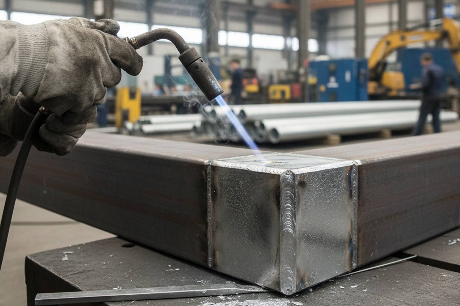Worker in gloves using a torch to heat and repair the welded corner of a large steel tube in a metal fabrication shop.