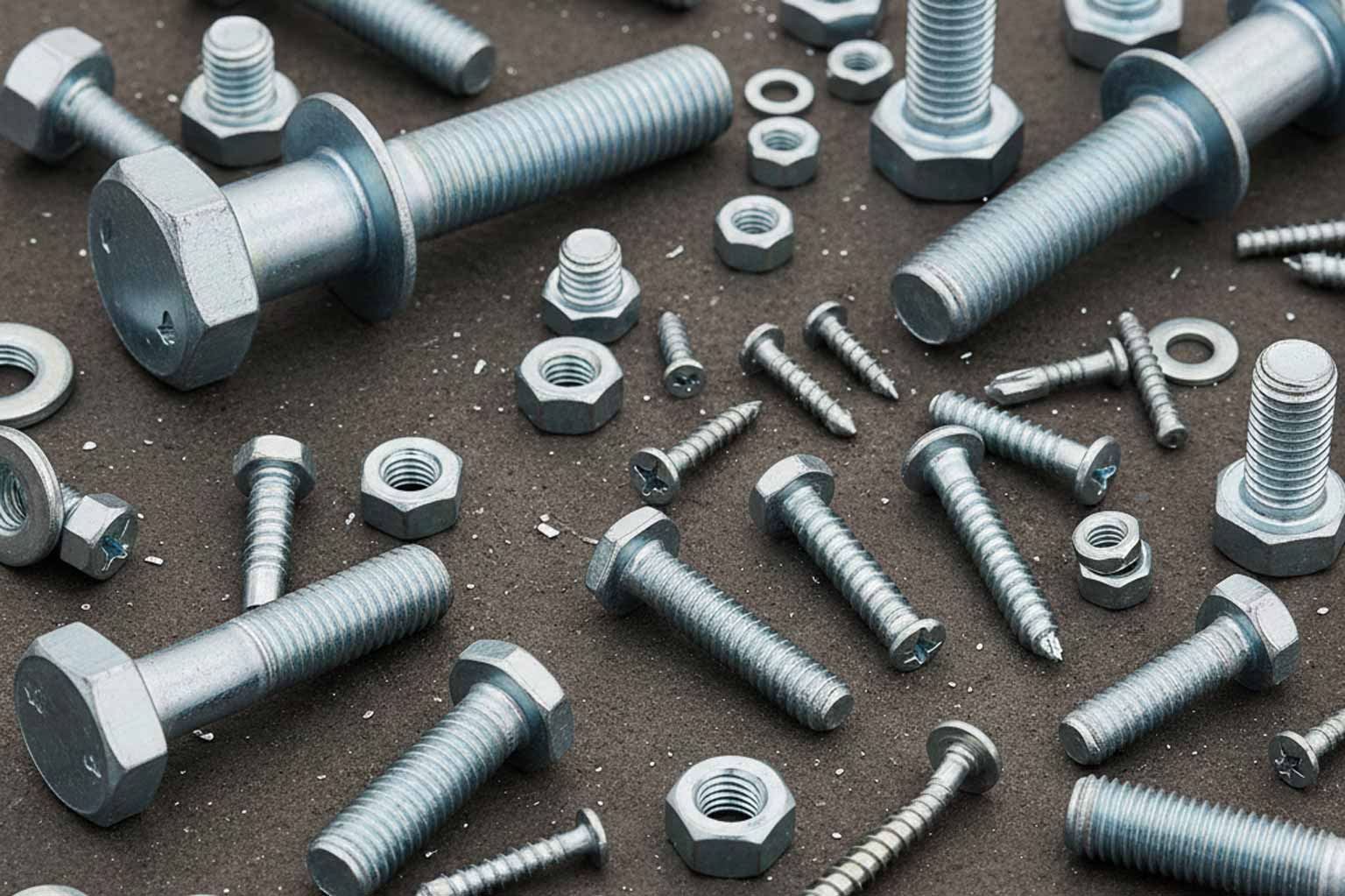 Variety of galvanized bolts, nuts, washers, and screws scattered on a dark surface, displaying different fastener sizes and head styles.