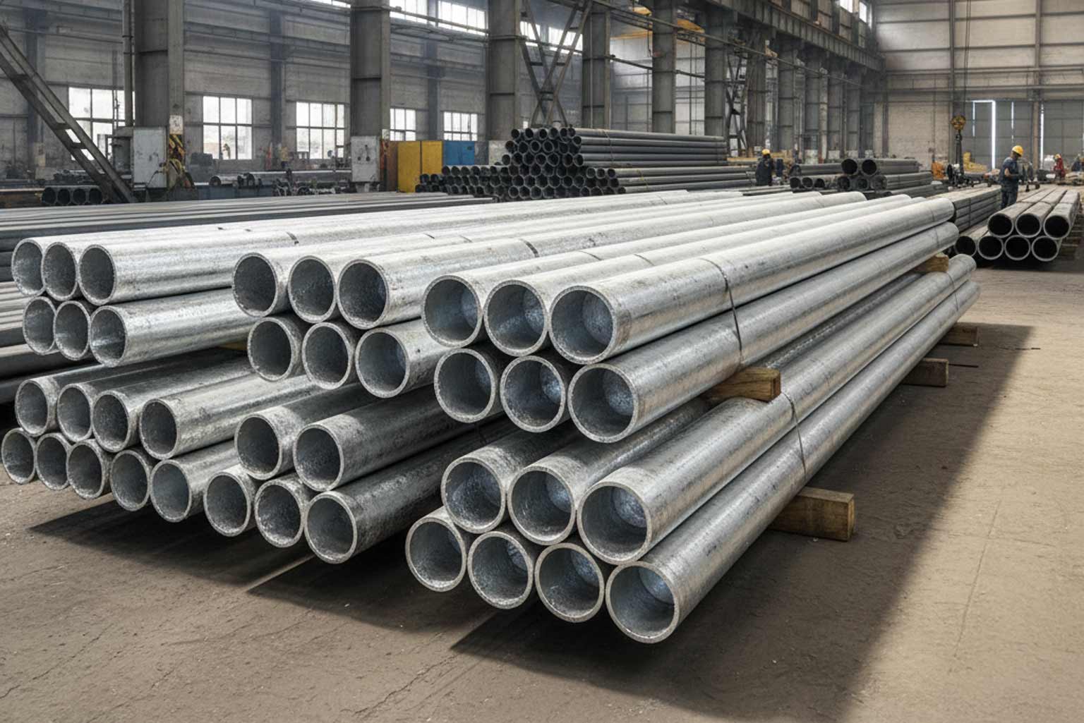 Stacks of galvanized steel pipe bundled on wooden supports inside an industrial warehouse.