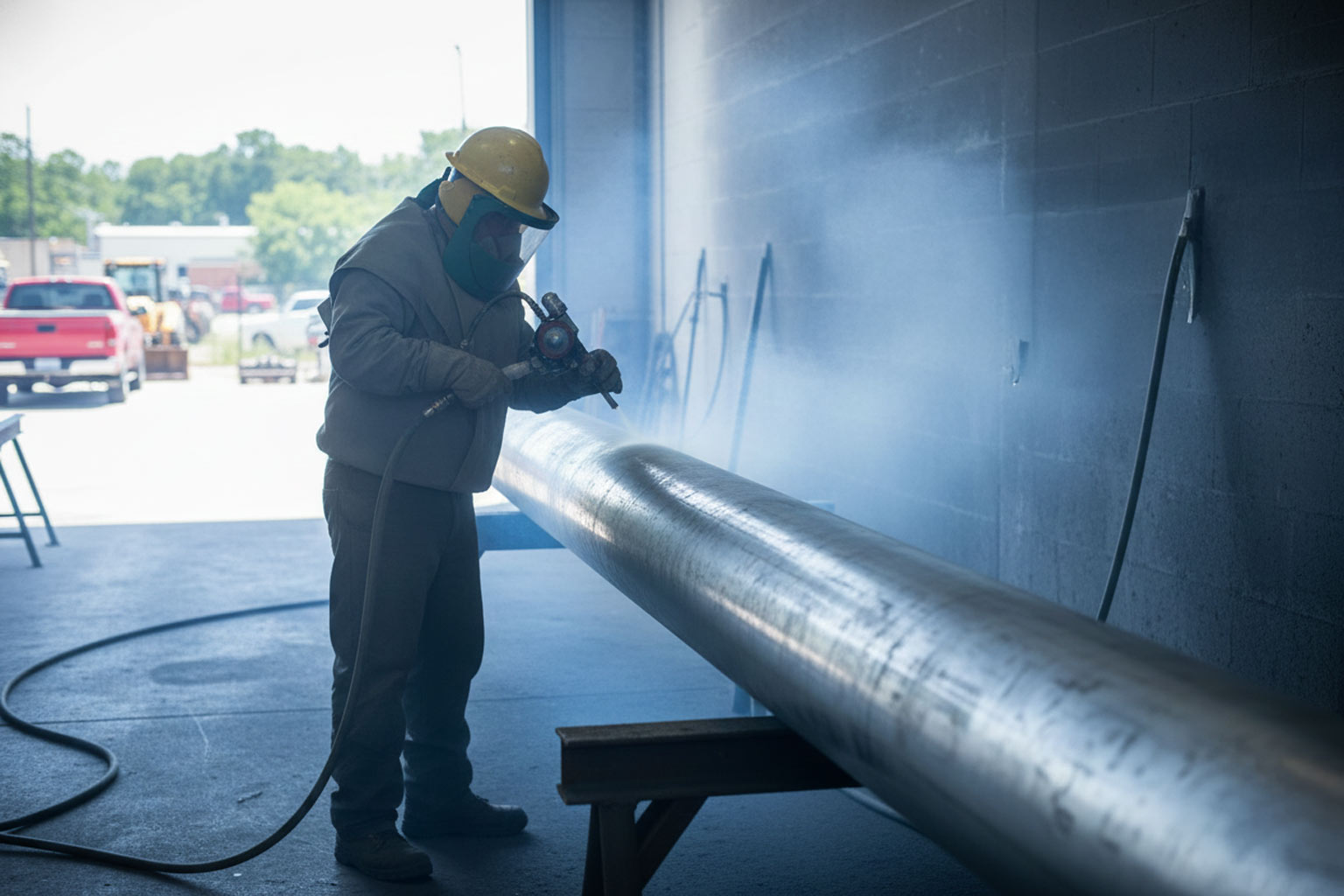 Worker in full protective gear spraying or blasting the surface of a long galvanized pole inside a shop filled with mist.