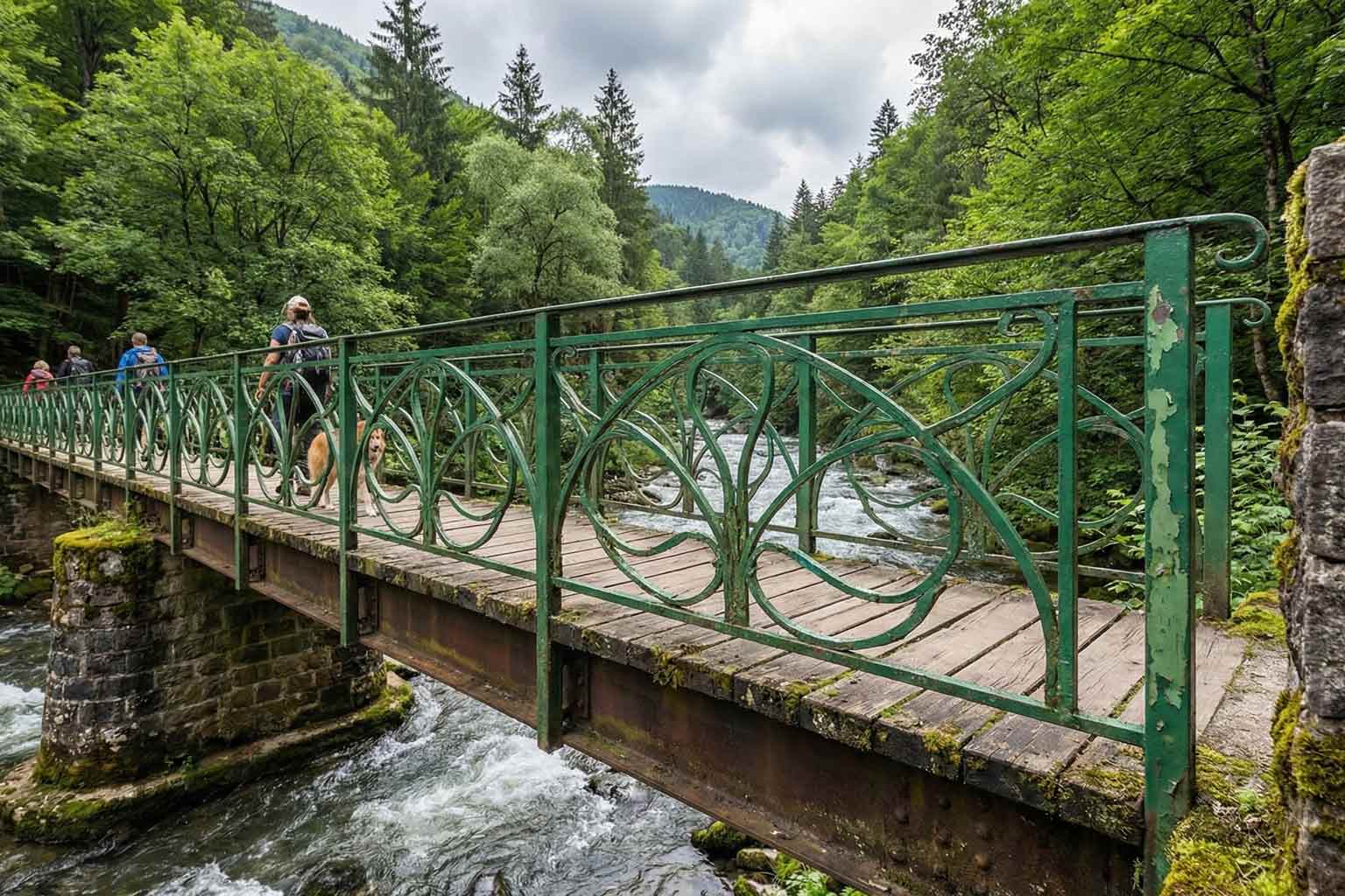 Outdoor pedestrian bridge with decorative metal railings showing signs of weathering and corrosion, surrounded by a forested landscape.