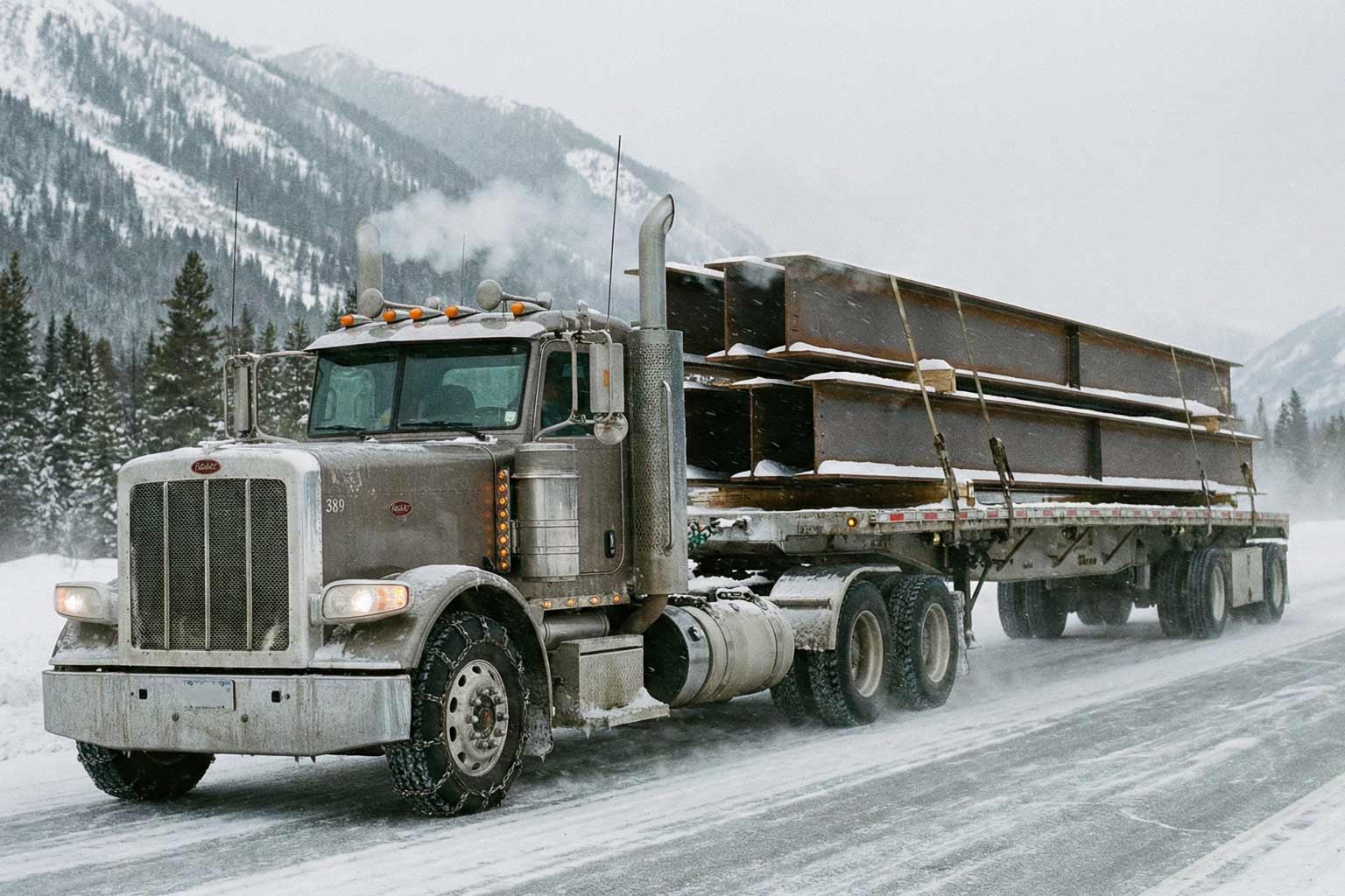 Semi-truck hauling large structural steel beams on a snowy mountain road during winter conditions.