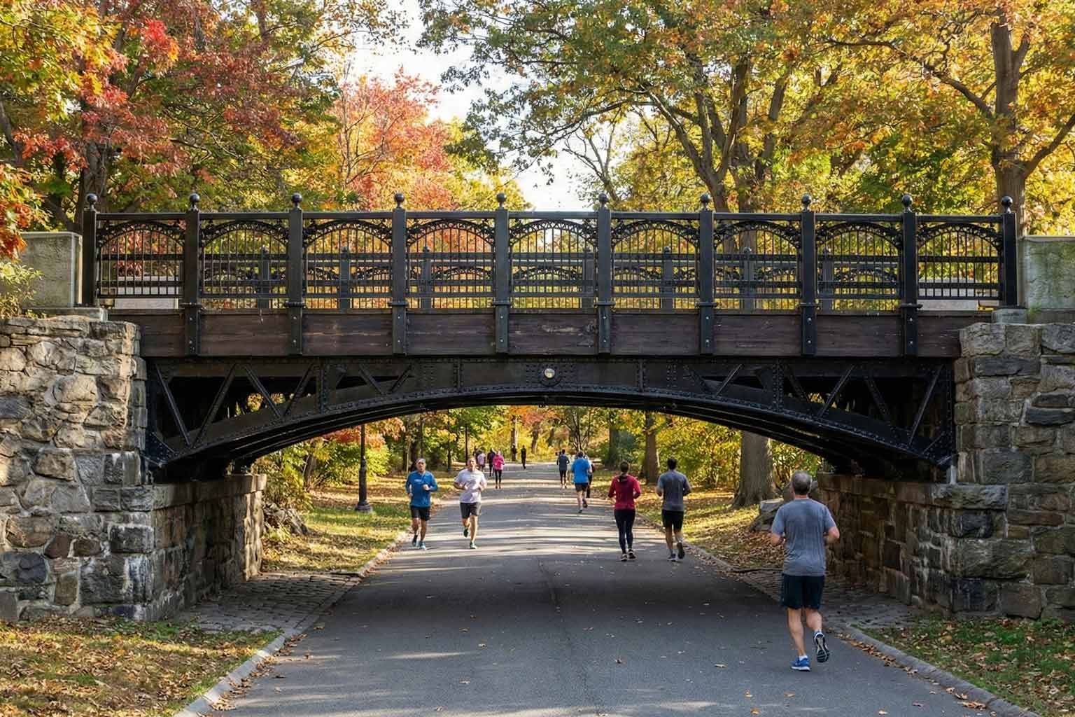 Runners passing under a decorative steel pedestrian bridge surrounded by fall foliage, illustrating real-world exposure considerations for duplex coating systems.