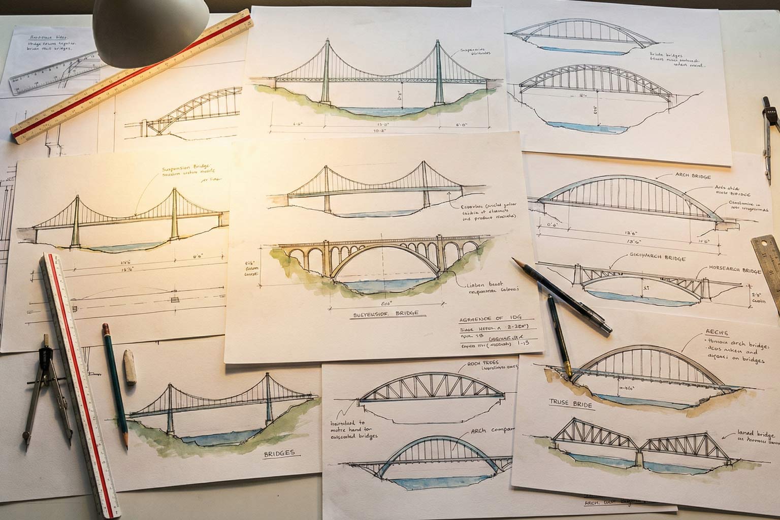 Multiple bridge design sketches laid out on a drafting table, representing engineering planning and quality checkpoints before galvanizing.