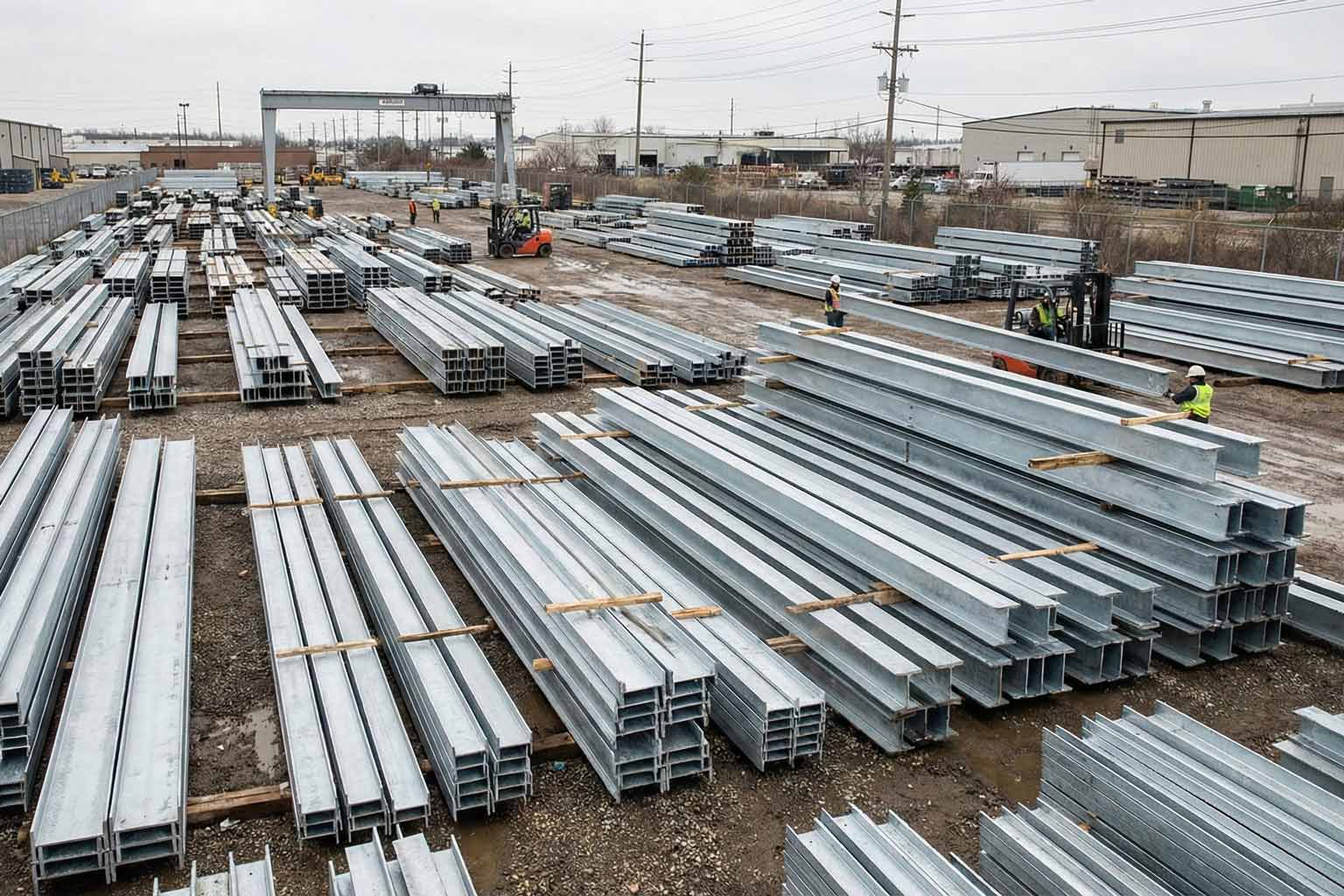 Outdoor storage yard filled with stacks of galvanized steel beams, with workers and forklifts organizing materials across the facility.