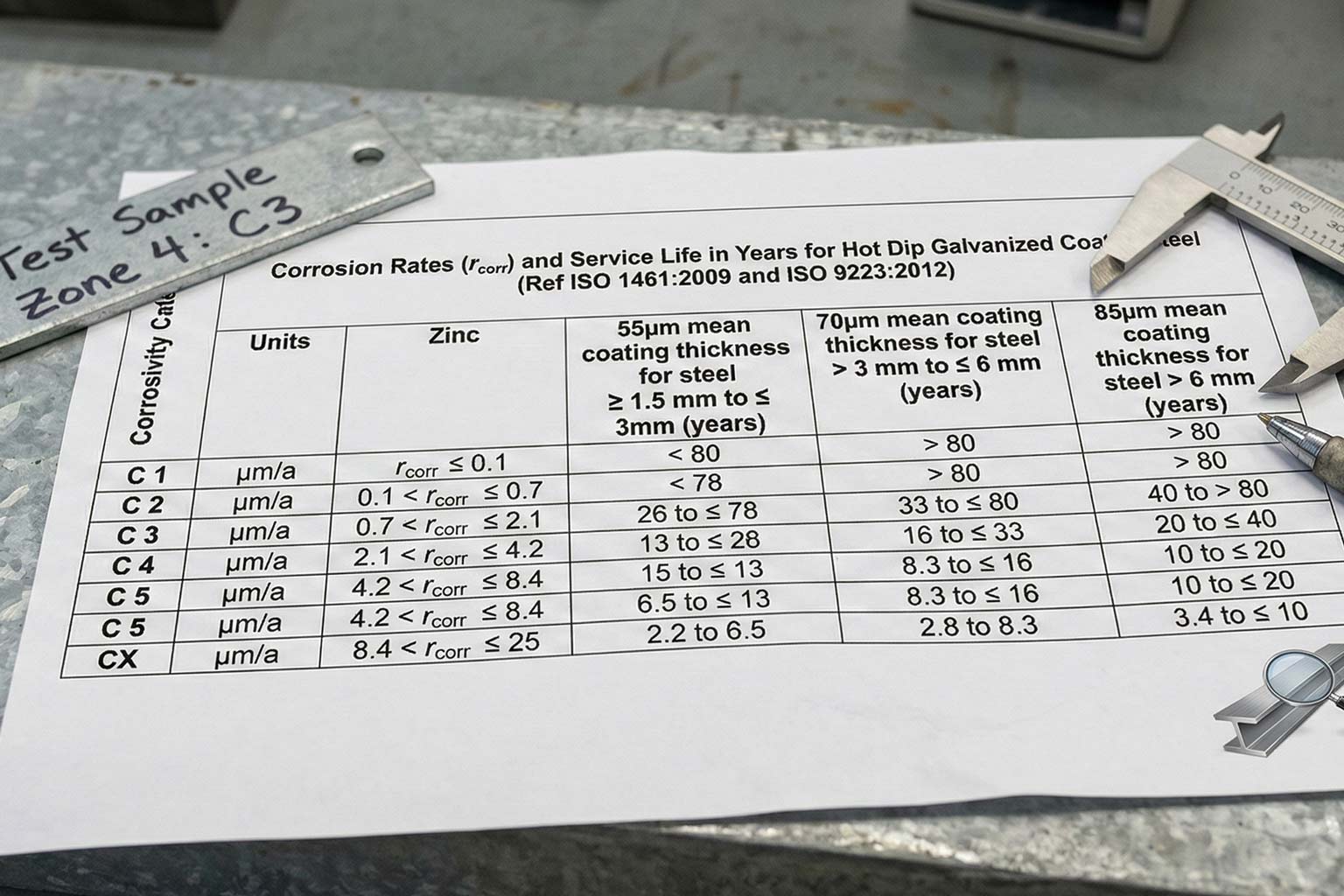 ISO 9223 corrosivity categories table showing zinc corrosion rates for hot dip galvanized steel