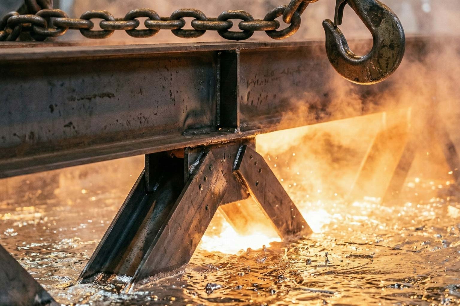 Large structural steel assembly undergoing progressive dipping in a hot dip galvanizing kettle