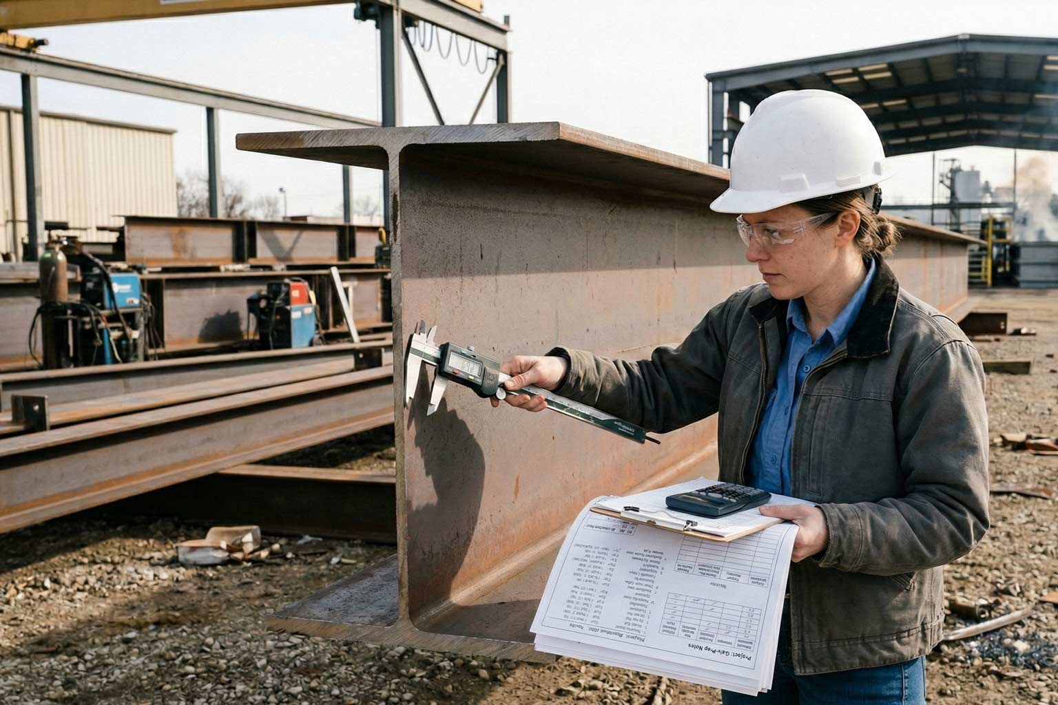 Engineer reviewing large steel member dimensions for progressive dip galvanizing calculation