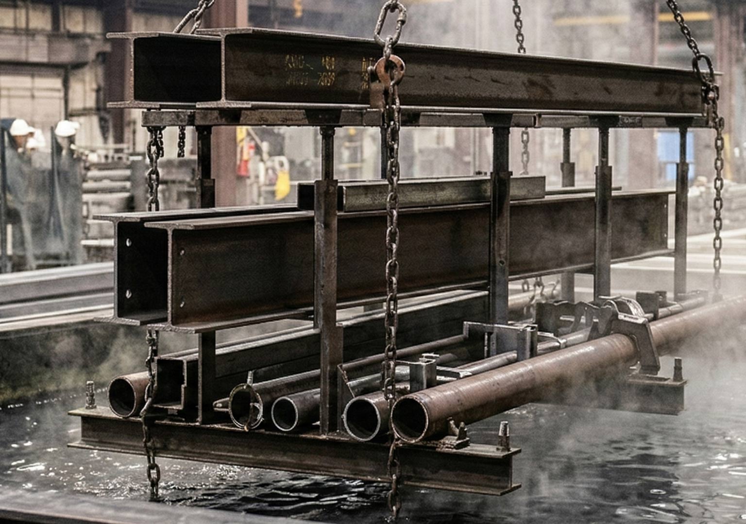 Steel components submerged in pickling tank during hot dip galvanizing surface preparation process