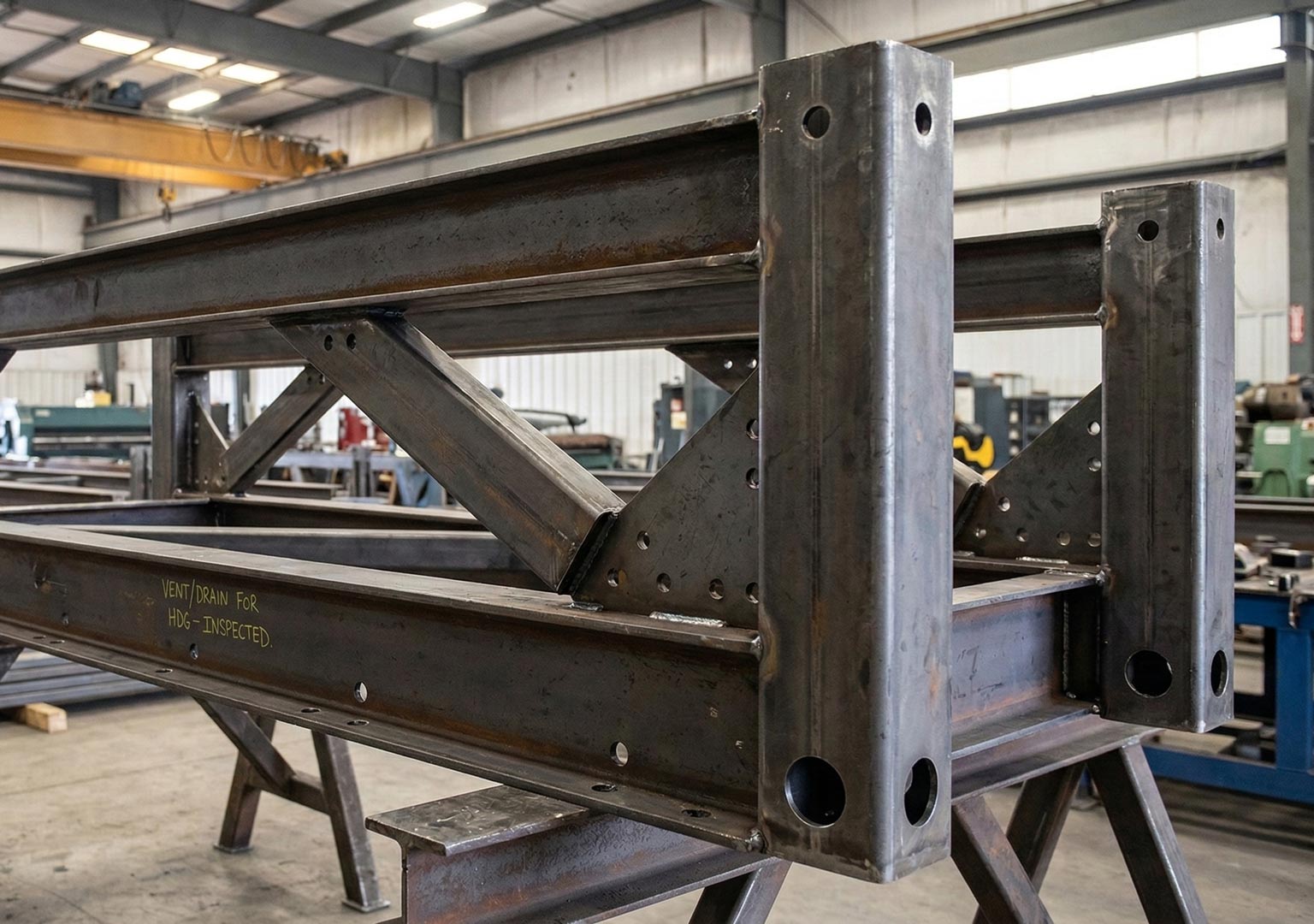 Fabricated steel assembly with vent and drain holes designed for hot dip galvanizing