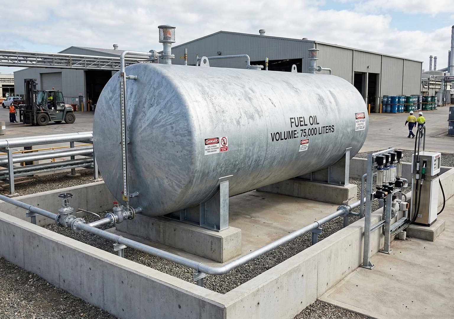 Hot dip galvanized steel fuel storage tank installed in industrial setting