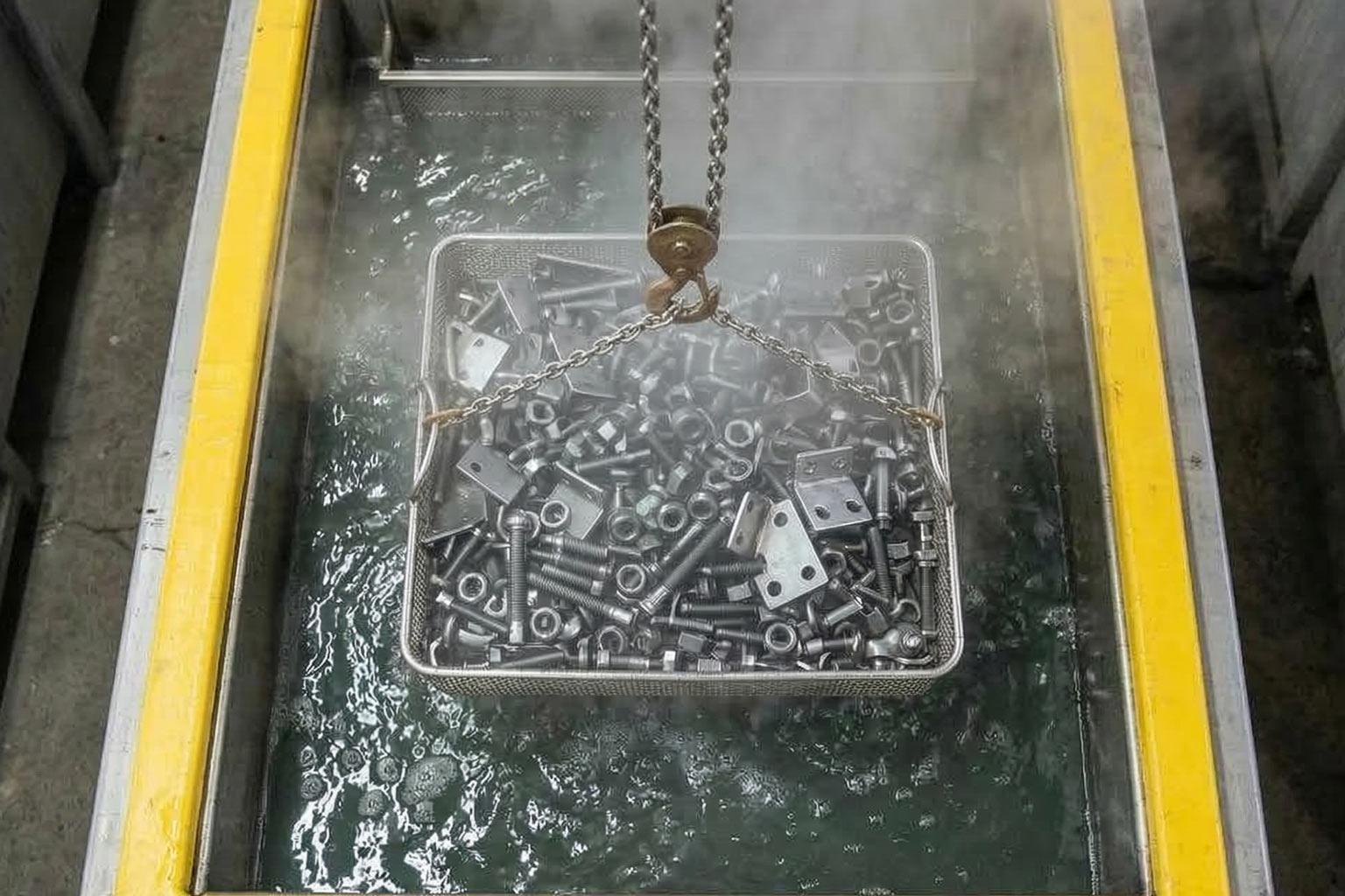 Steel components undergoing chemical cleaning and pickling before hot dip galvanizing