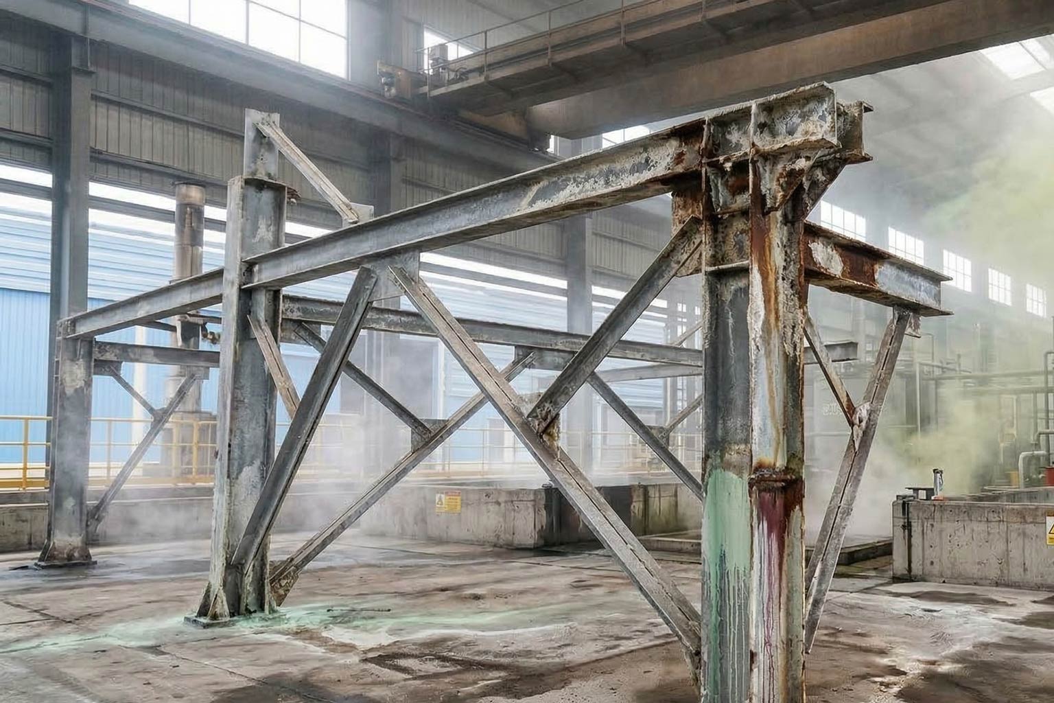 Hot dip galvanized steel structure exposed to industrial chemical environment