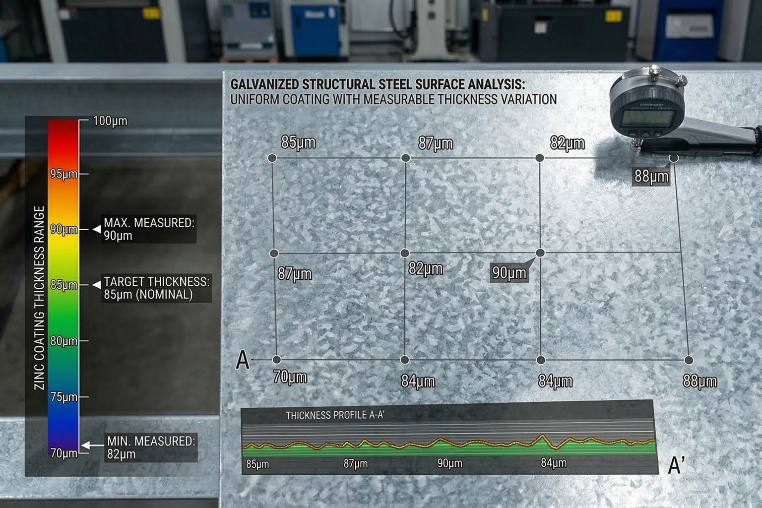 Galvanized structural steel surface showing uniform zinc coating with measurable thickness variation