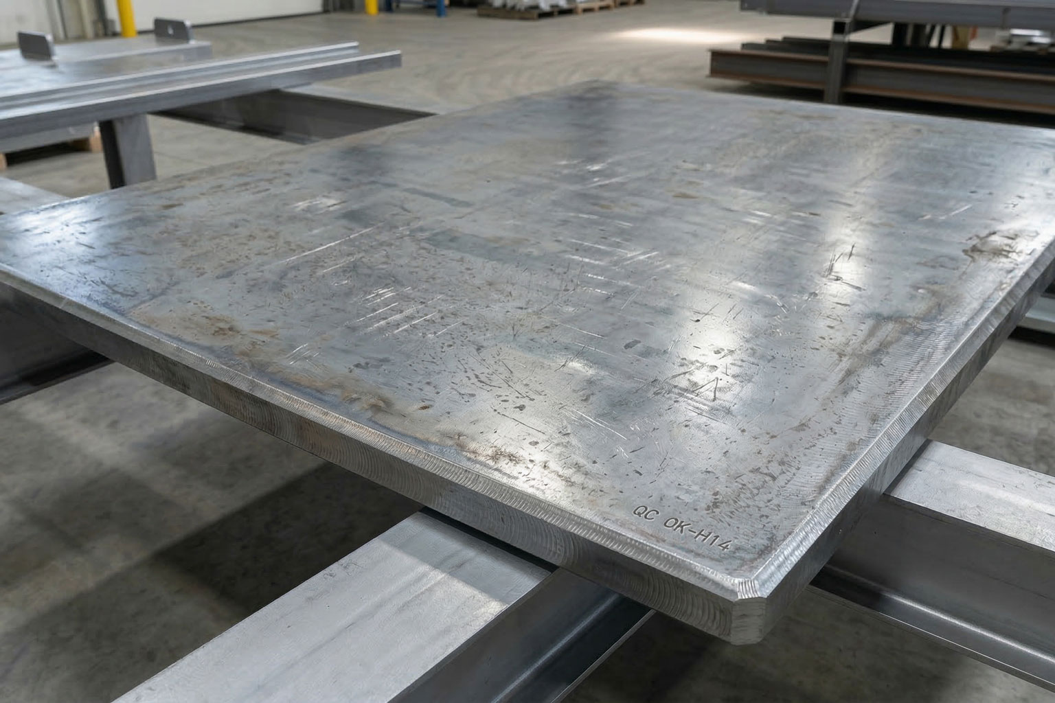 Machined steel plate after hot dip galvanizing showing smooth zinc coating surface