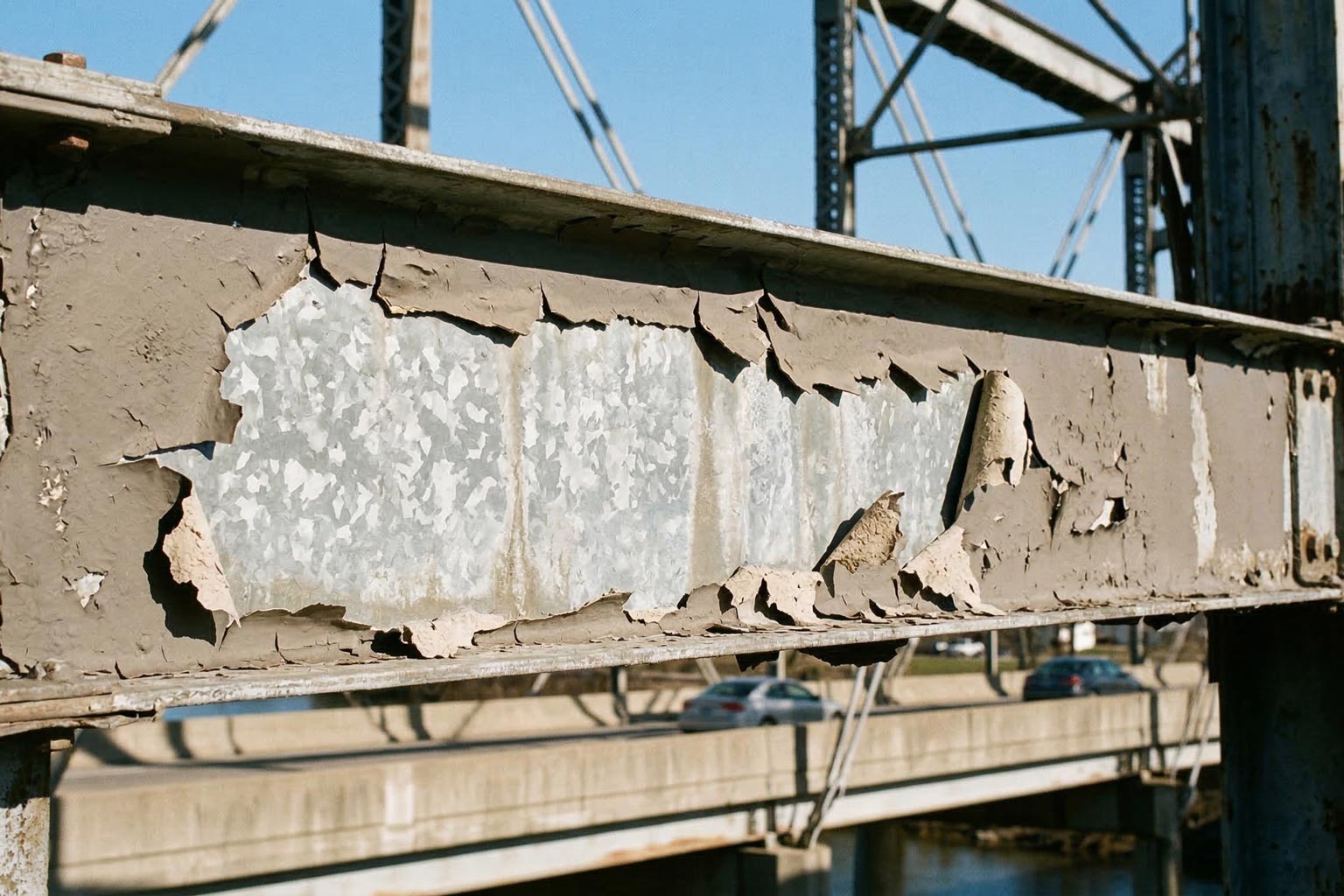Galvanized steel surface with peeling paint showing adhesion failure