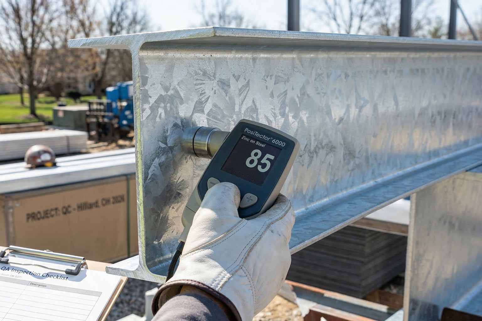 Magnetic gauge measuring zinc coating thickness on galvanized steel surface