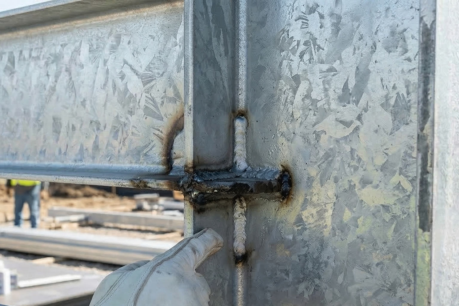 Welded galvanized steel connection showing localized zinc repair area