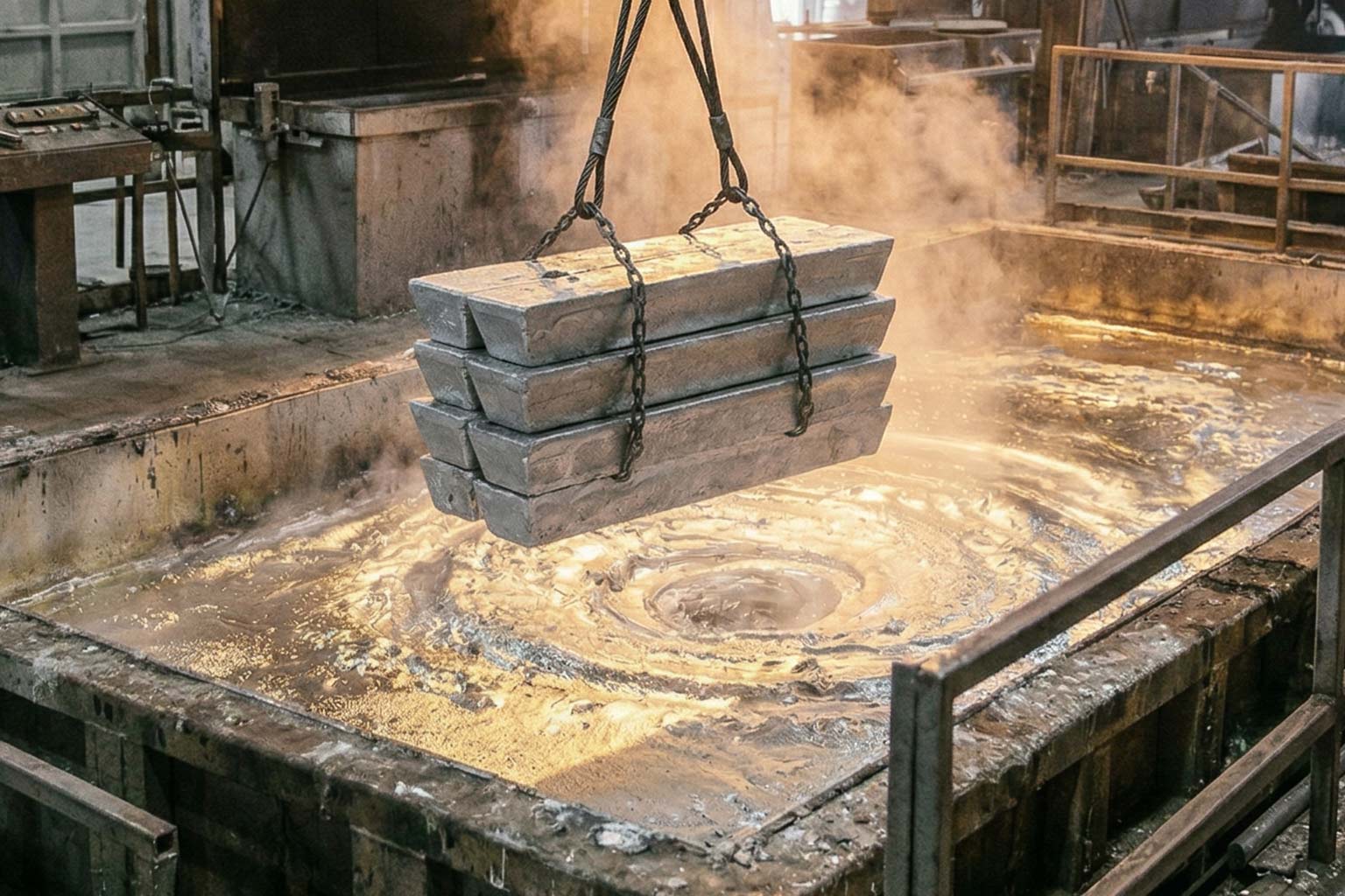 Molten zinc kettle in a hot dip galvanizing facility during zinc addition process
