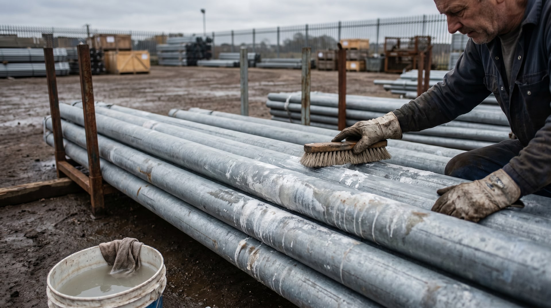 Worker scrubbing white chalky wet storage stain from a stack of hot-dip galvanized steel pipes with a nylon-bristled brush in an outdoor storage yard.