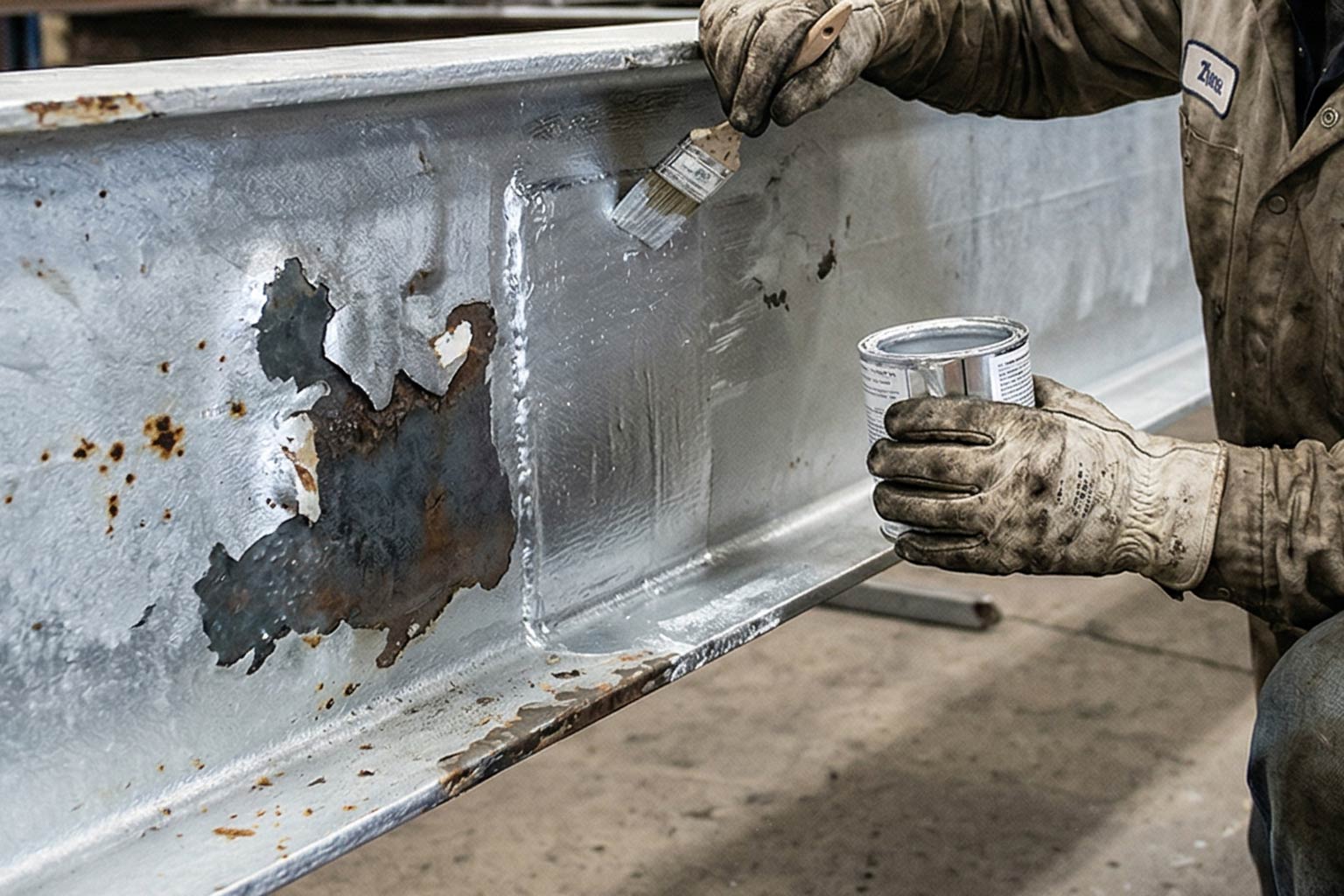 Technician applying zinc rich repair coating to damaged galvanized steel surface