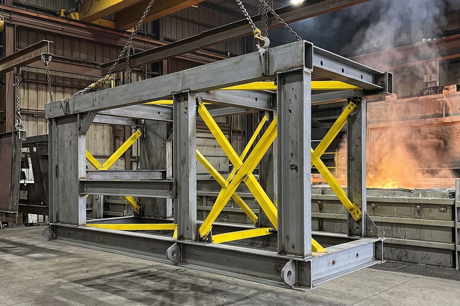 Steel fabrication with temporary bracing prepared for hot dip galvanizing