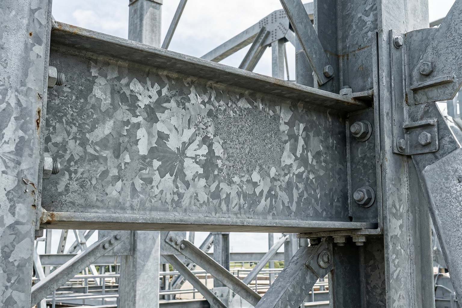 Batch hot dip galvanized structural steel showing natural coating texture variations