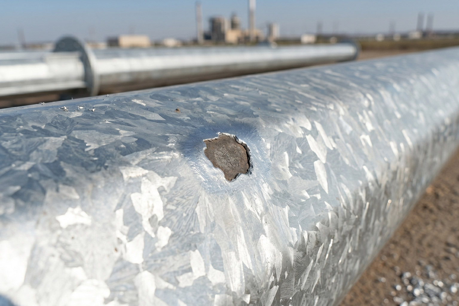 Small bare spot on hot dip galvanized steel surface protected by surrounding zinc coating