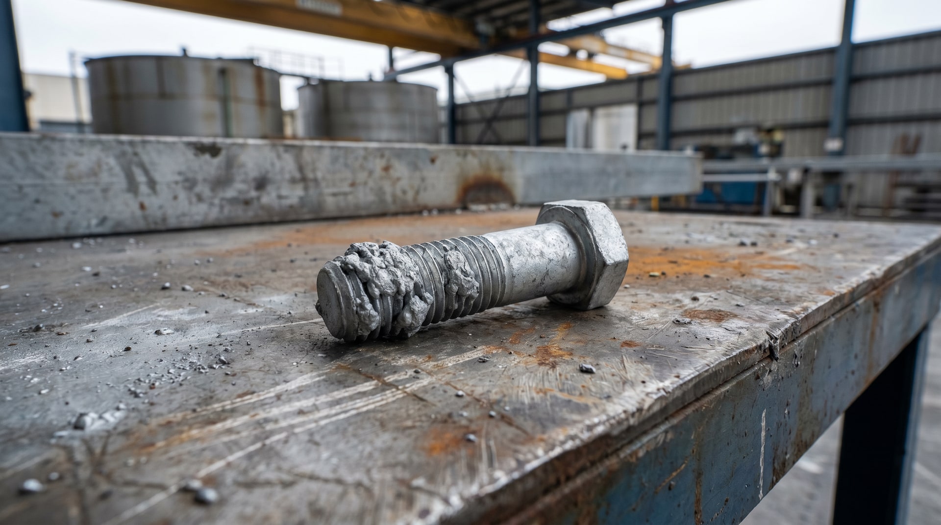 Close-up of a hot-dip galvanized bolt with threads visibly clogged with excess zinc, resting on a metal workbench inside an industrial galvanizing facility.