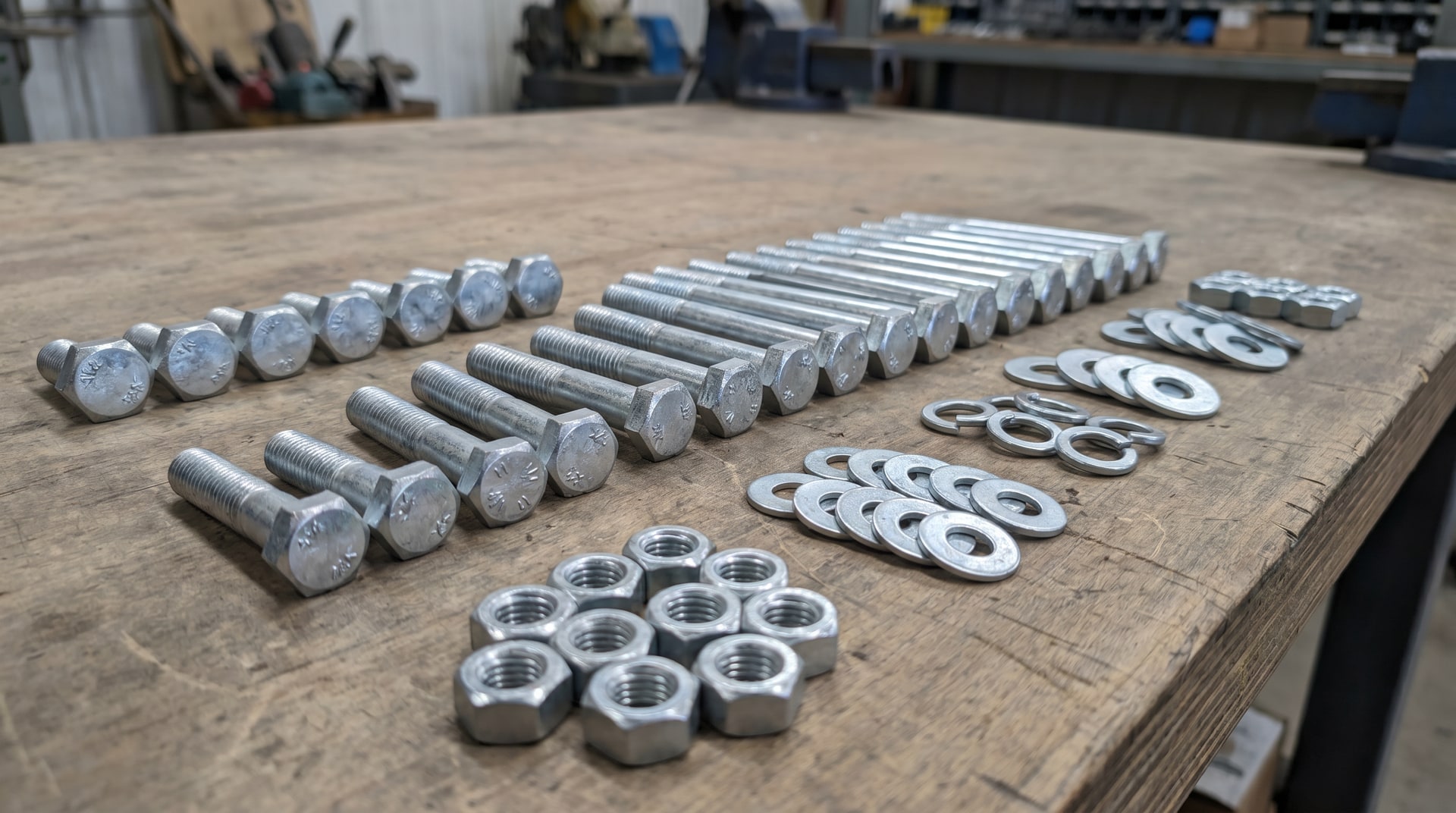 Hot dip galvanized fasteners including bolts, nuts, and washers prepared for assembly