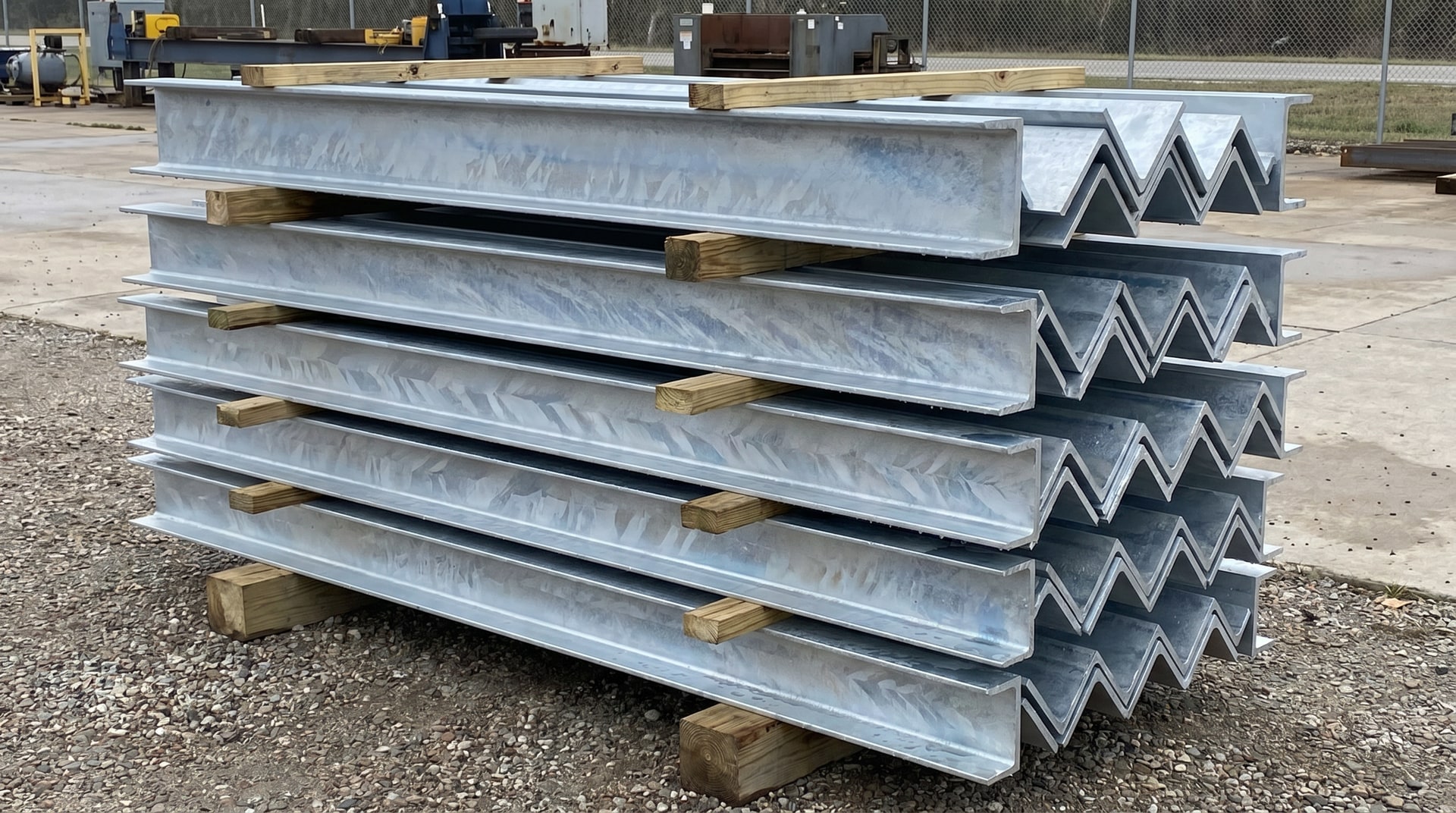 Stacked galvanized steel showing proper storage spacing to prevent moisture buildup