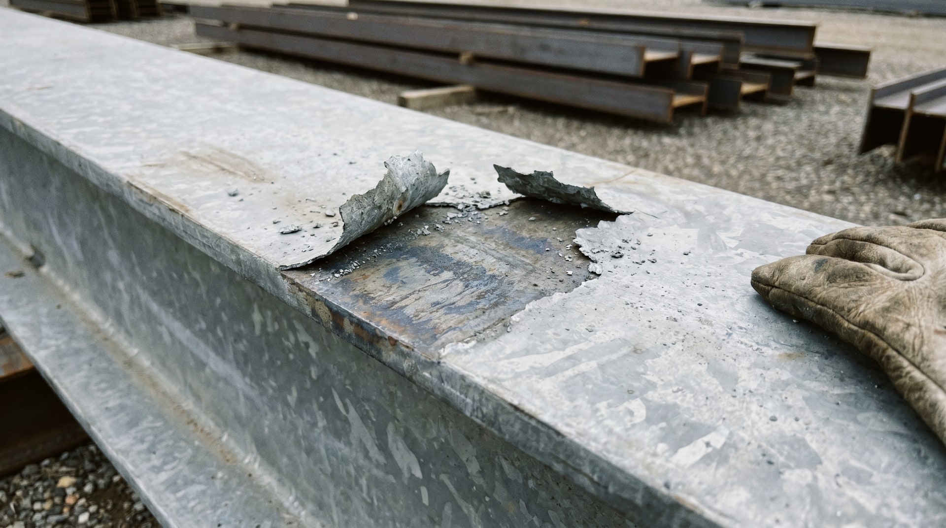 Peeling galvanized coating exposing underlying steel surface