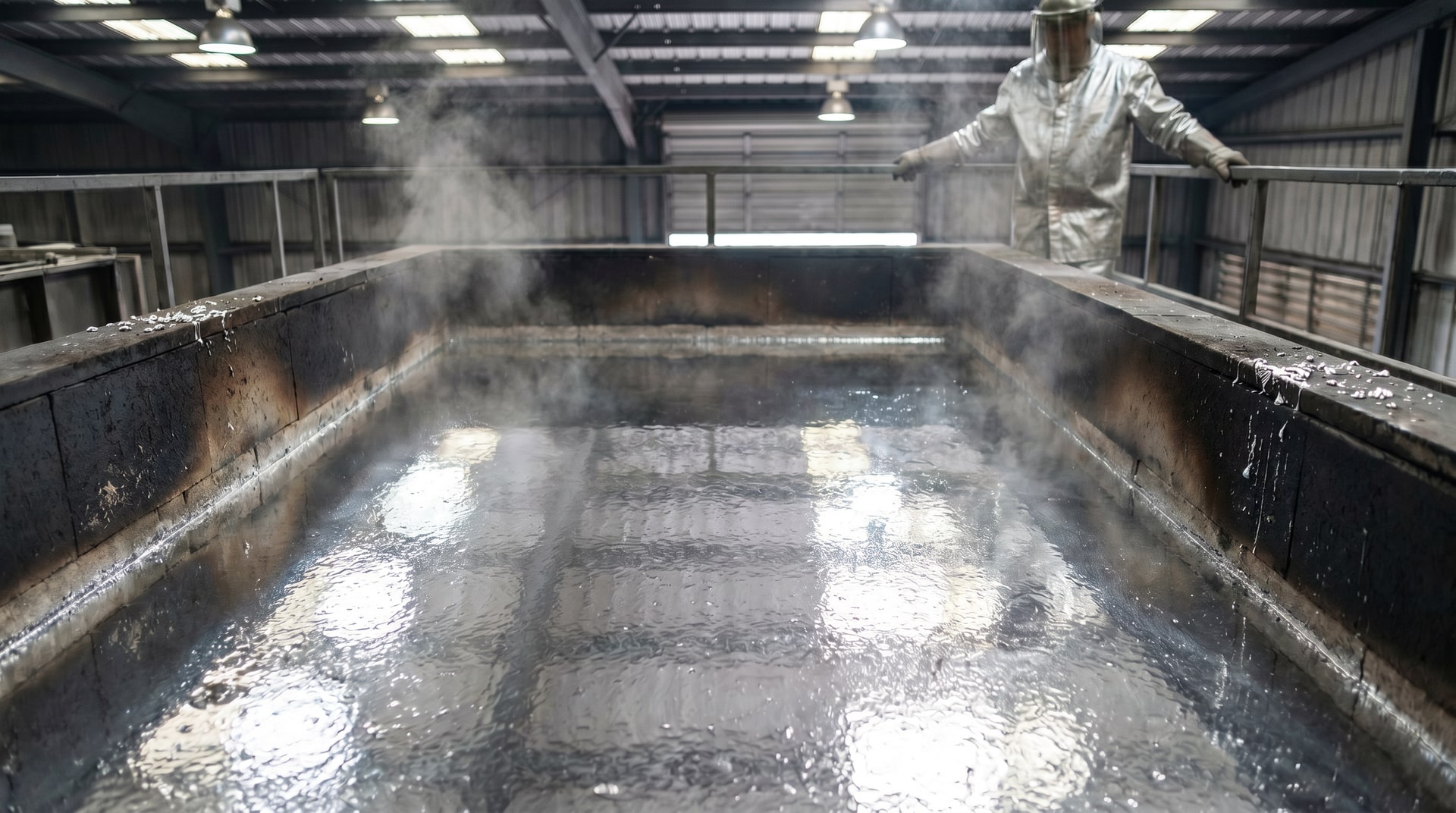 Molten zinc galvanizing kettle with controlled bath chemistry during processing