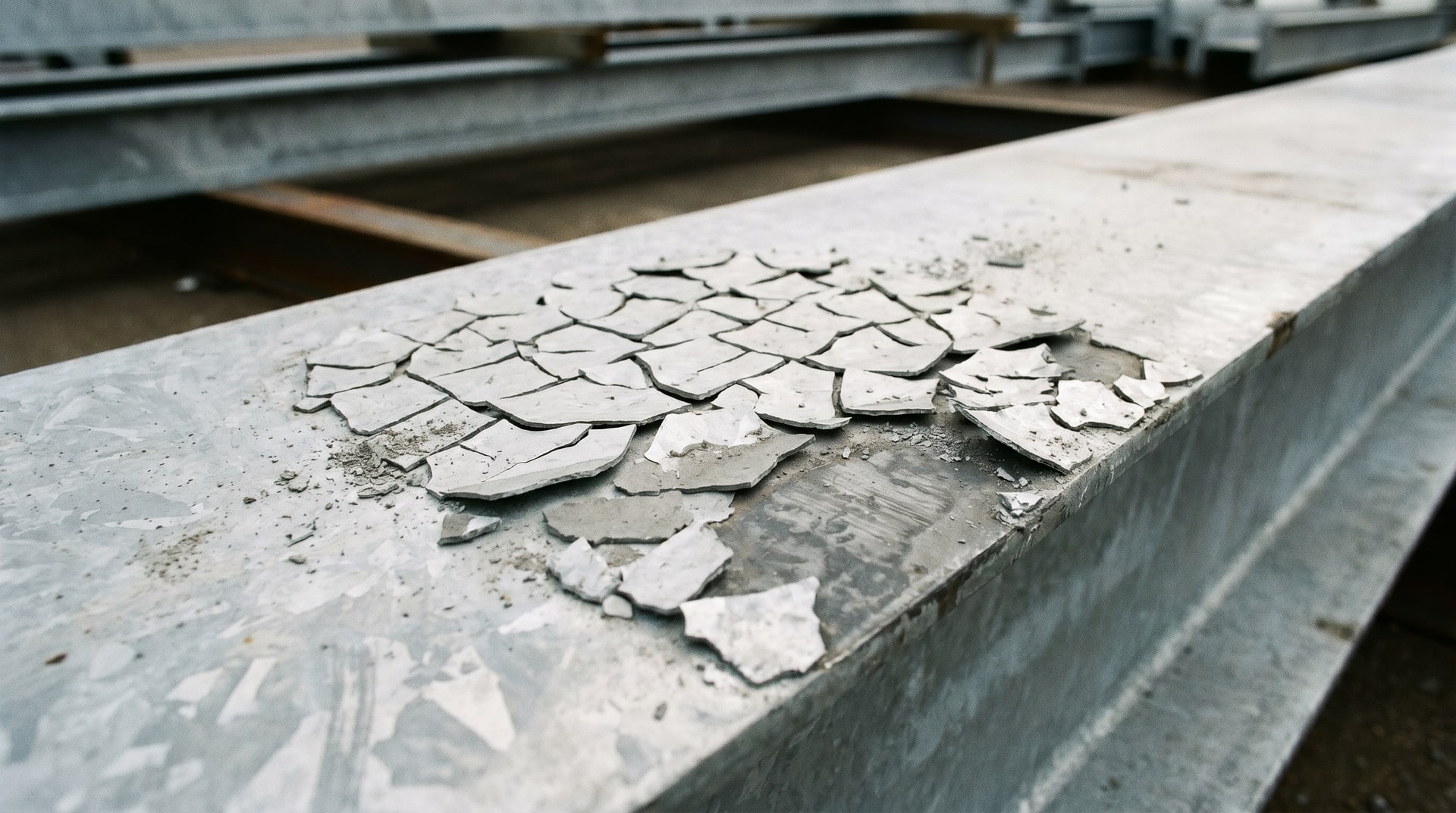 Galvanized steel surface showing flaking zinc coating and exposed underlying metal