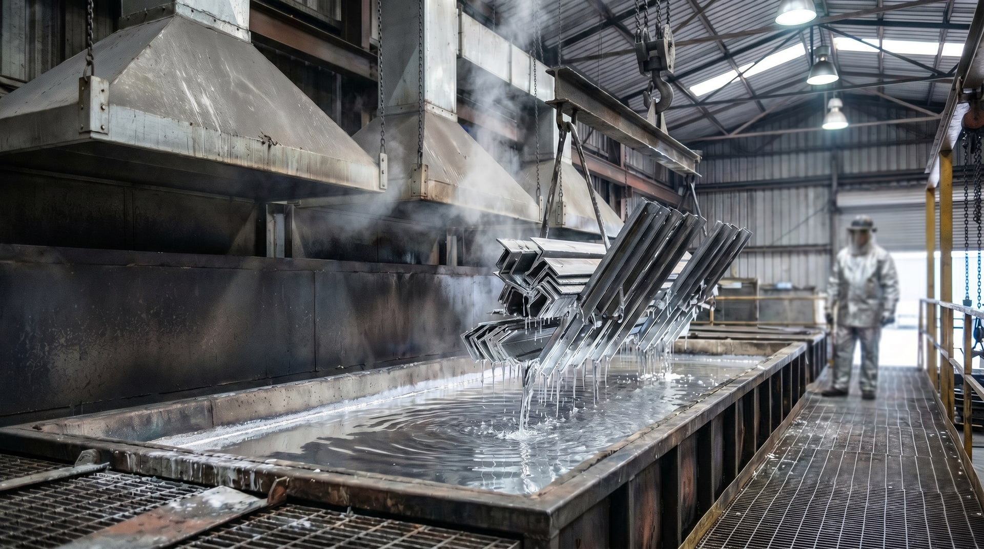 Molten zinc galvanizing bath with controlled chemistry during industrial process
