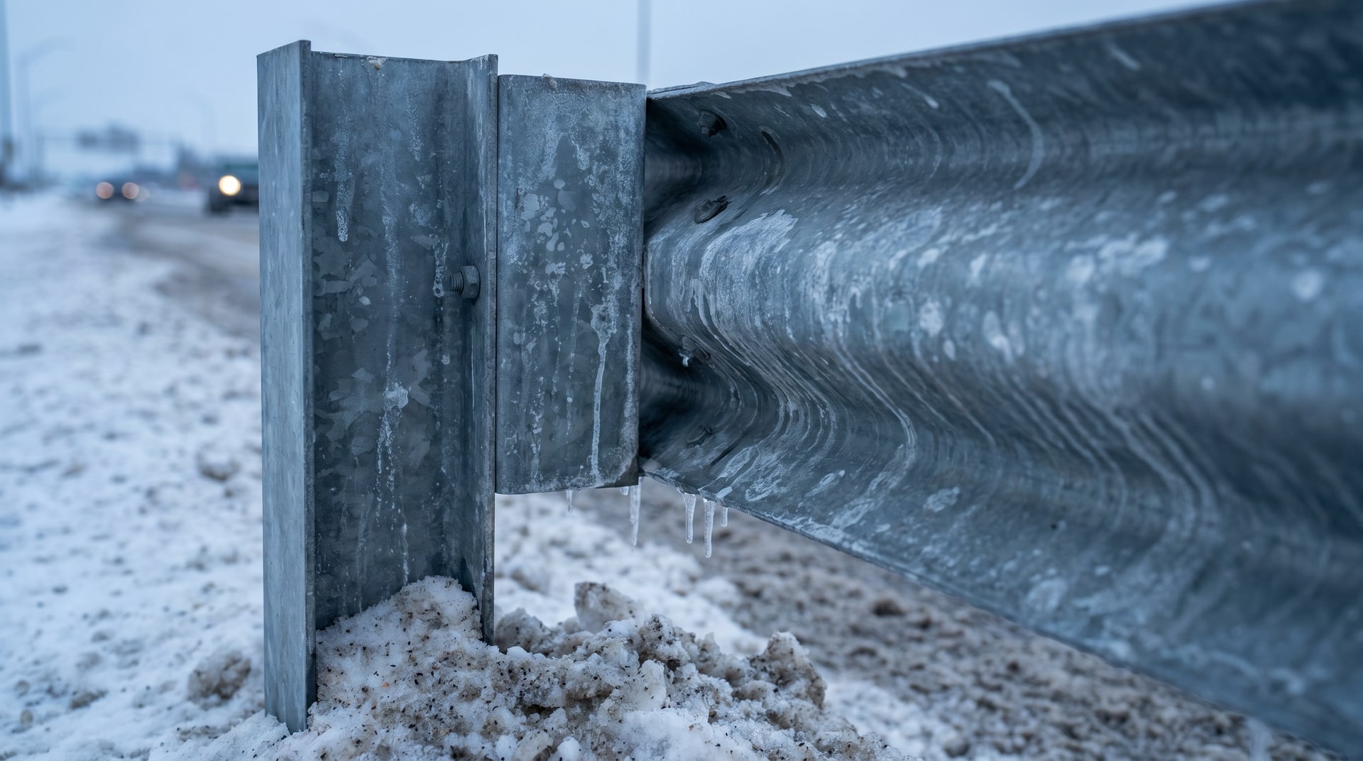 Galvanized steel exposed to roadway deicing salts in winter conditions