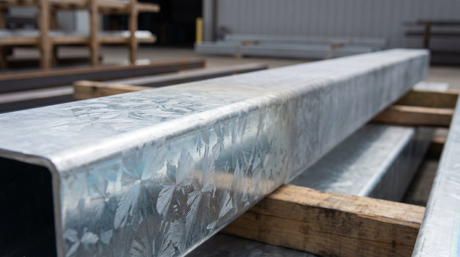 Galvanized steel surface transitioning from bright to matte finish over time