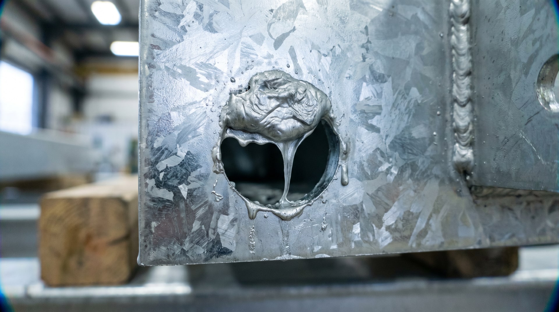 Steel component with vent hole partially filled with solidified zinc after galvanizing