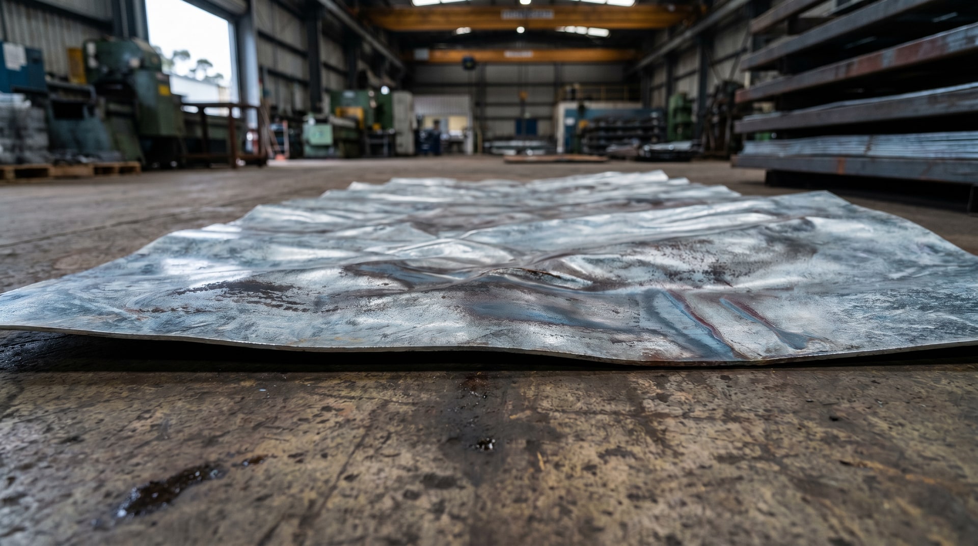 Close-up of a thin galvanized steel plate showing visible buckling and warping after hot-dip galvanizing, resting on a concrete floor inside an industrial galvanizing facility.