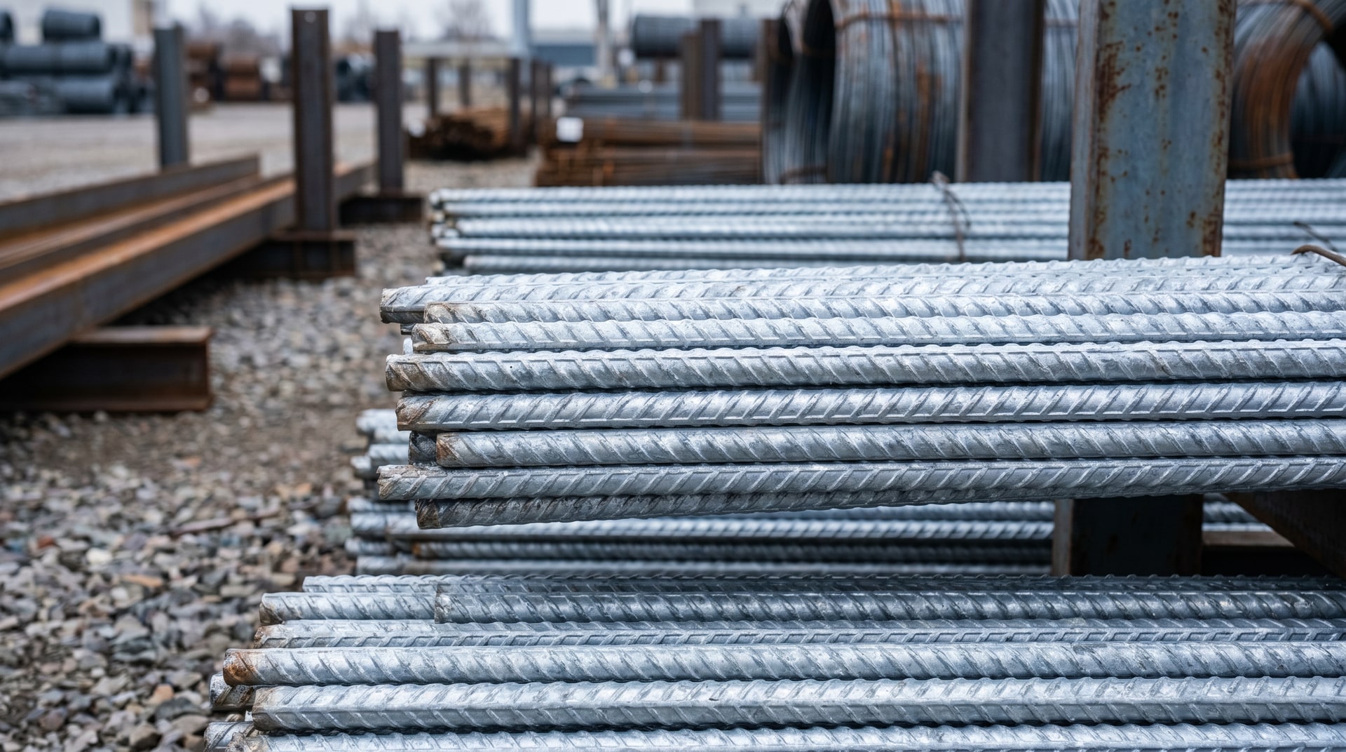 Close-up of hot-dip galvanized steel rebar bundles stacked horizontally in an outdoor galvanizing yard, showing the bright zinc-coated surface with visible spangle texture under natural daylight.